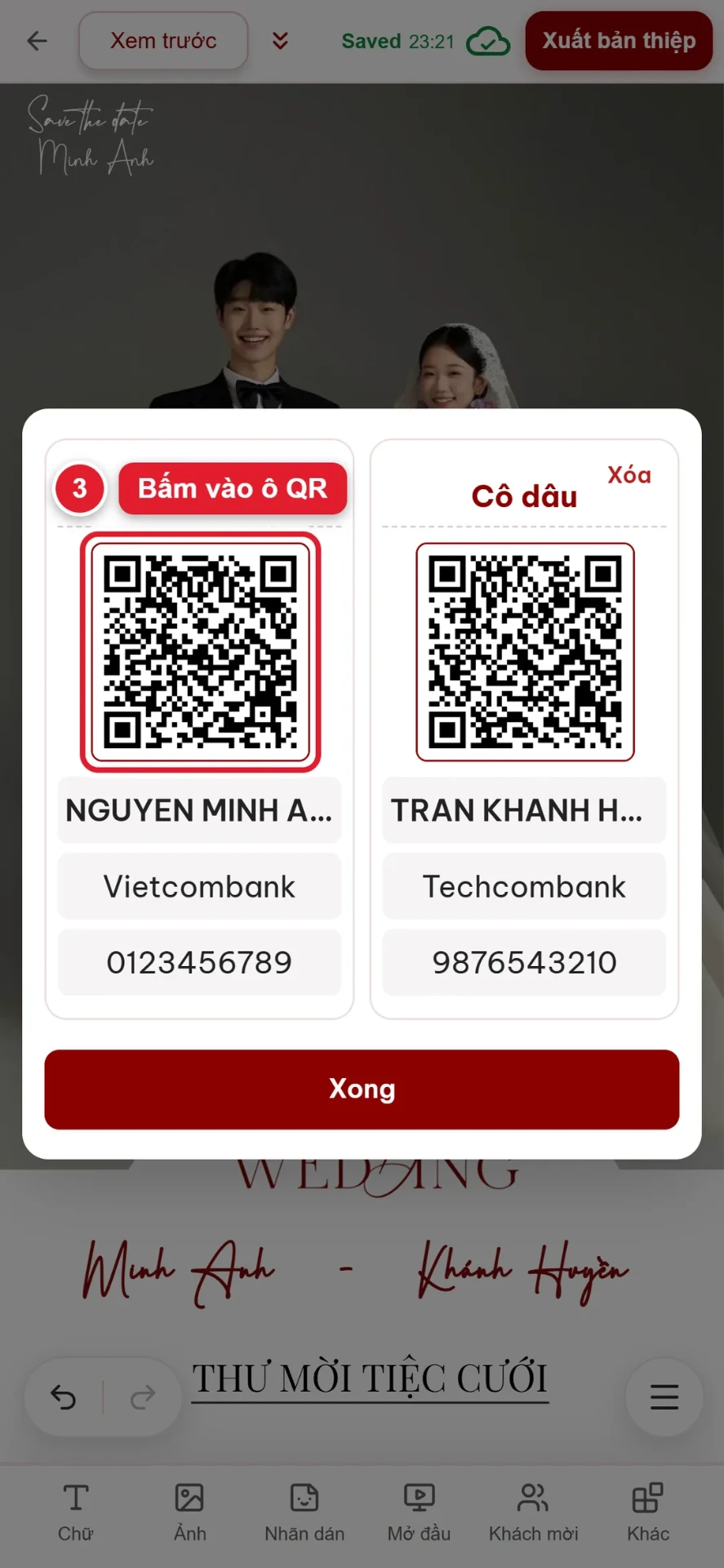 Bước 3: bấm vào ô mã QR để tải ảnh QR mừng cưới