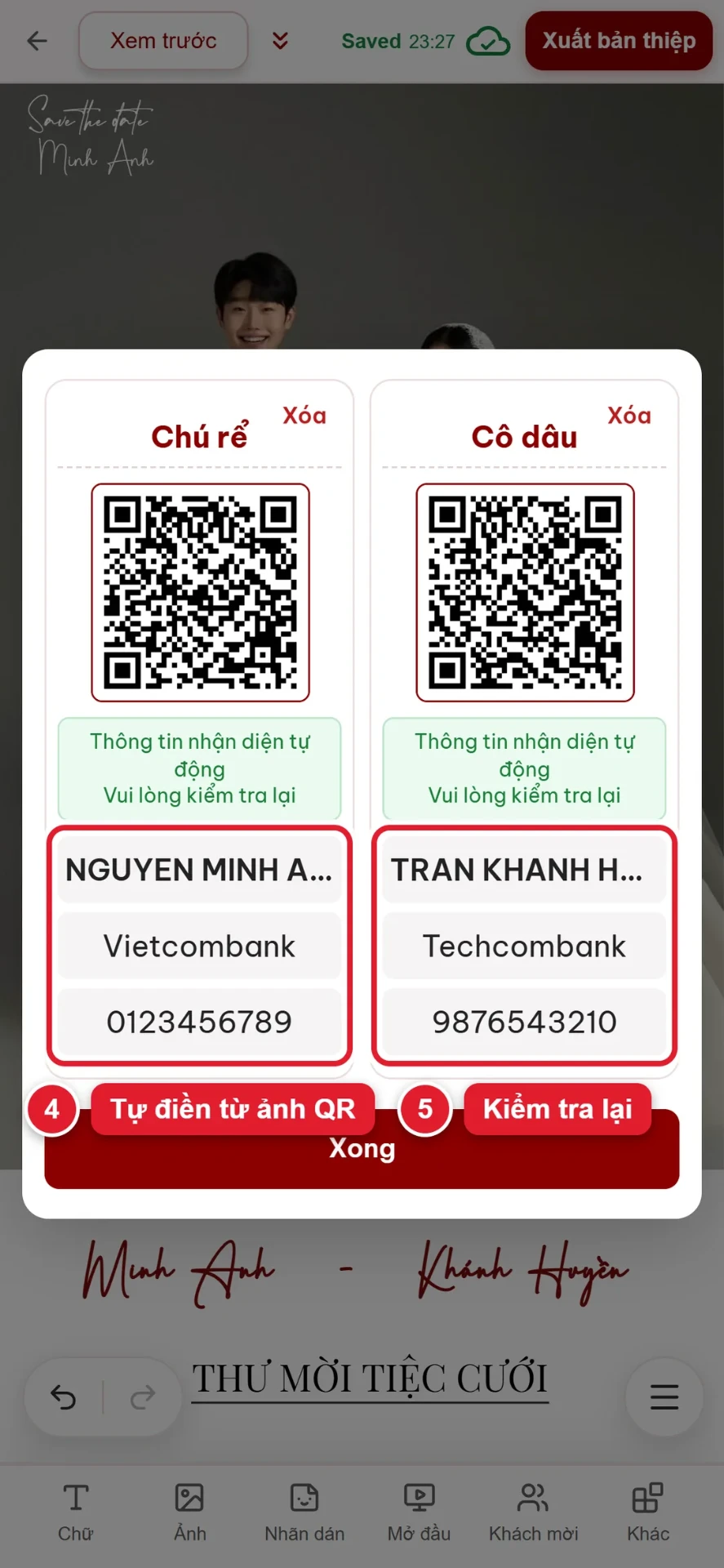 Bước 4 và 5: tên chủ tài khoản, ngân hàng, số tài khoản được điền tự động từ ảnh QR