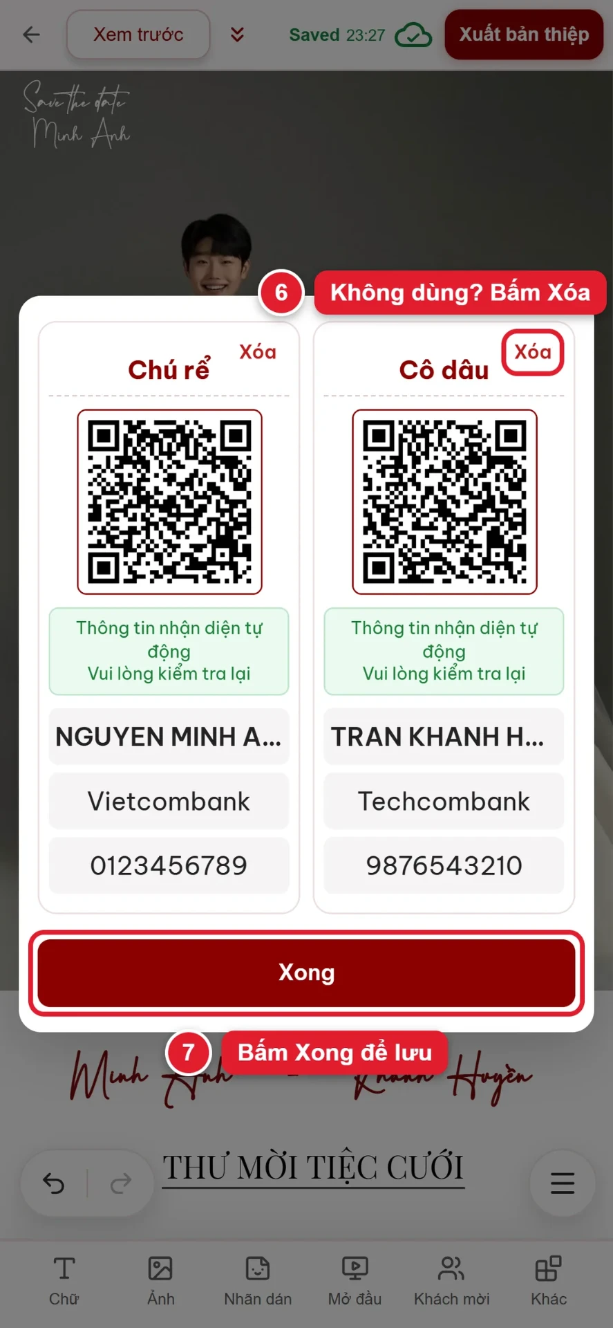 Bước 6 và 7: xóa bớt tài khoản không dùng và bấm Xong để lưu QR mừng cưới