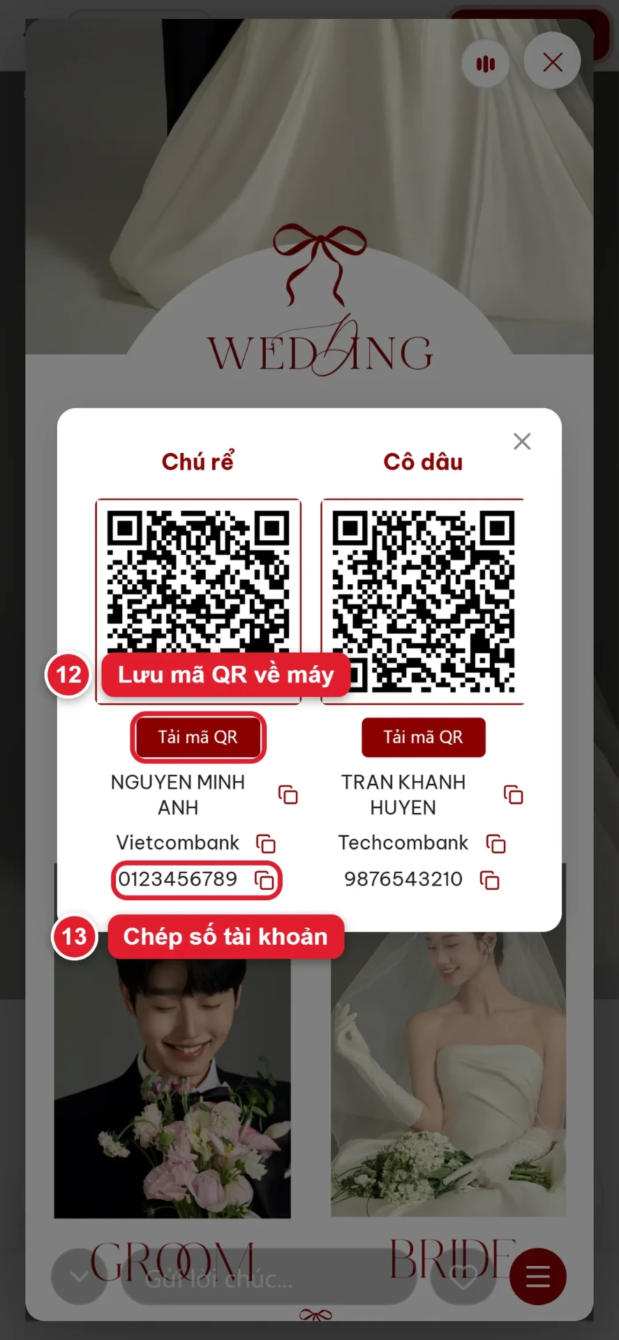 Bước 12 và 13: khách mời tải mã QR mừng cưới hoặc chép số tài khoản của cô dâu chú rể