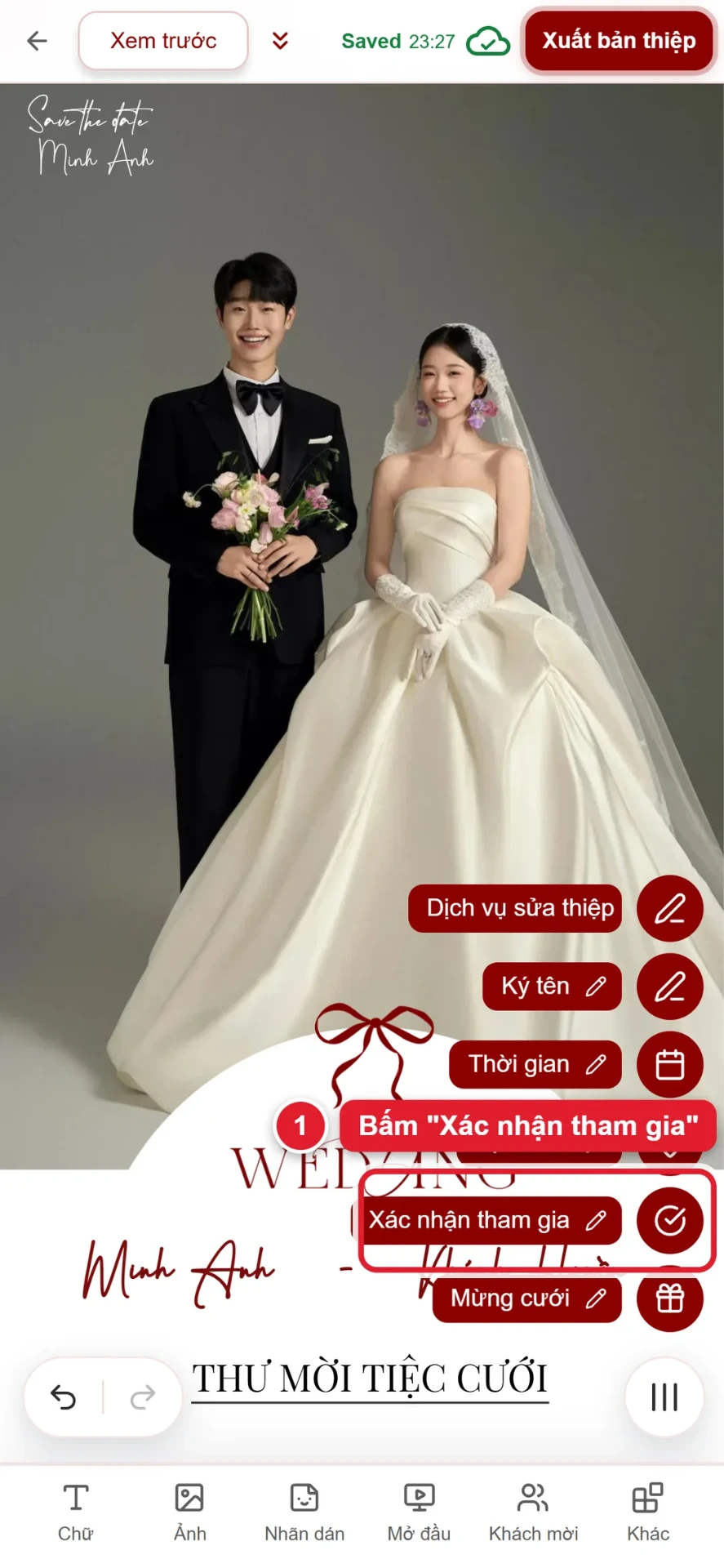 Bước 1: chọn Xác nhận tham gia trong menu thiệp cưới online