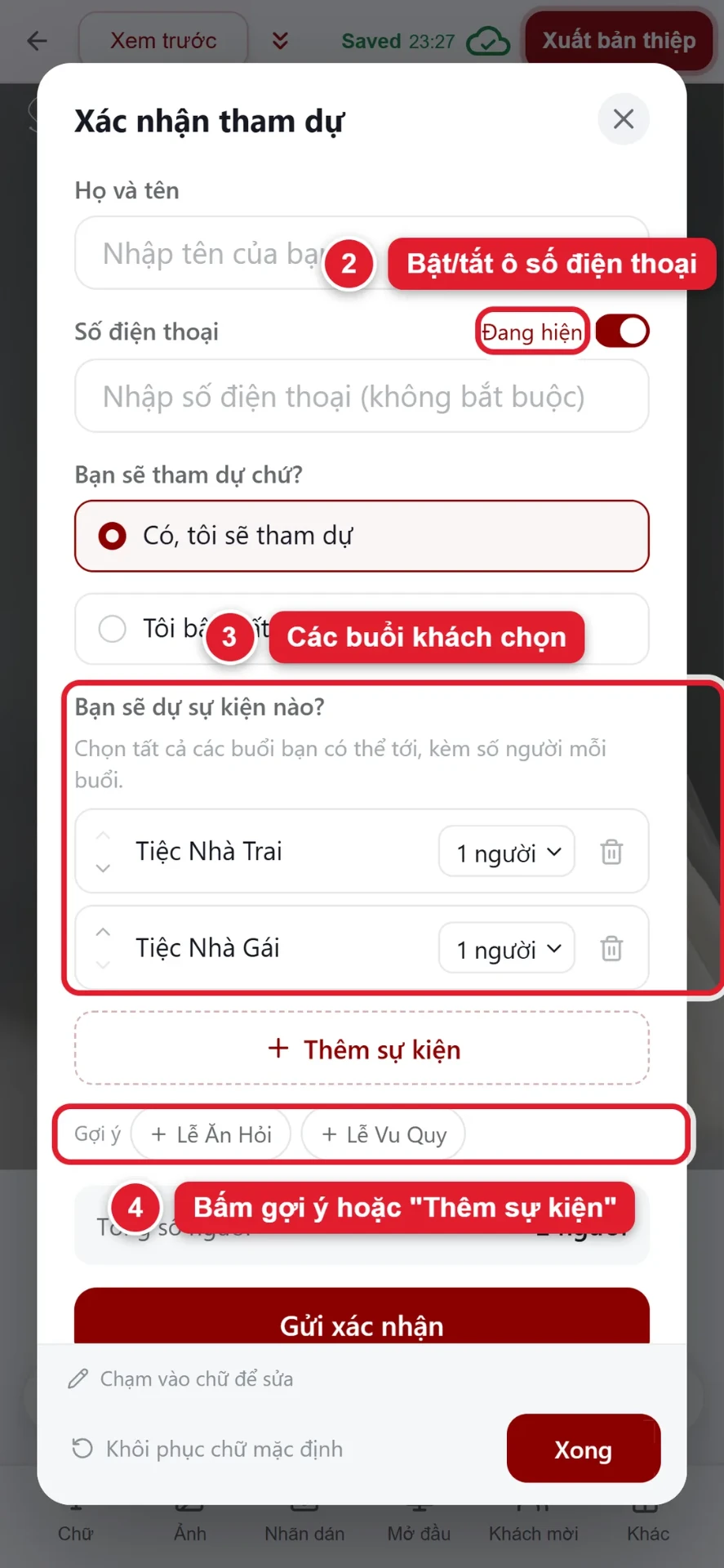 Bước 2 đến 4: bật ô số điện thoại và thêm các buổi tiệc cho form xác nhận tham dự