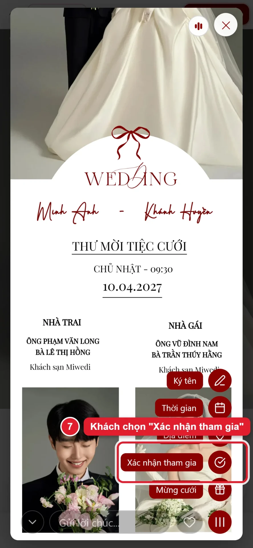 Bước 7: khách mời chọn Xác nhận tham gia trên thiệp cưới online