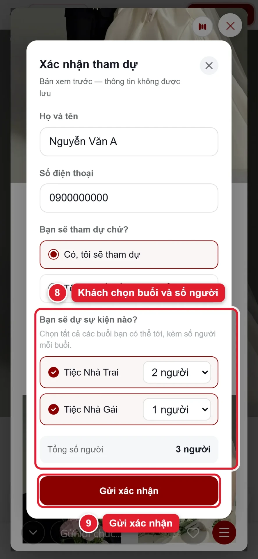 Bước 8 và 9: khách chọn buổi tiệc, số người đi cùng và gửi xác nhận tham dự