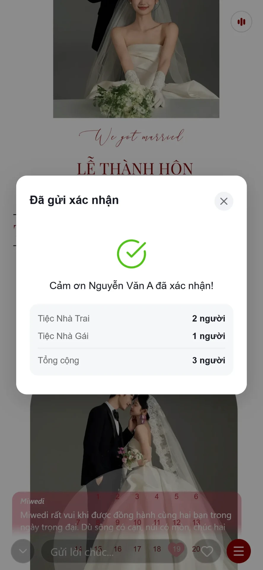 Màn hình cảm ơn sau khi khách gửi xác nhận tham dự, có tóm tắt số người từng buổi