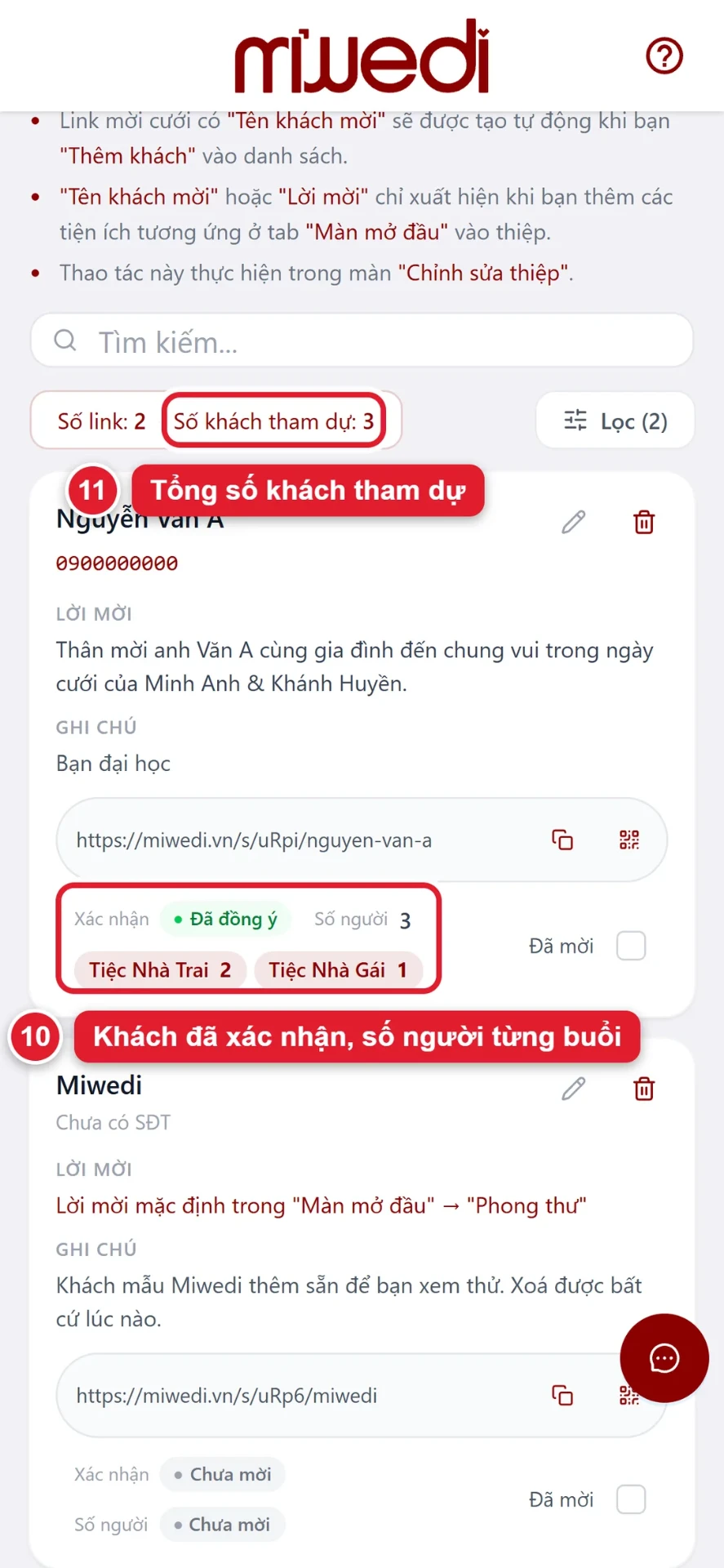 Bước 10 và 11: danh sách khách đã xác nhận tham dự và tổng số khách trên Miwedi
