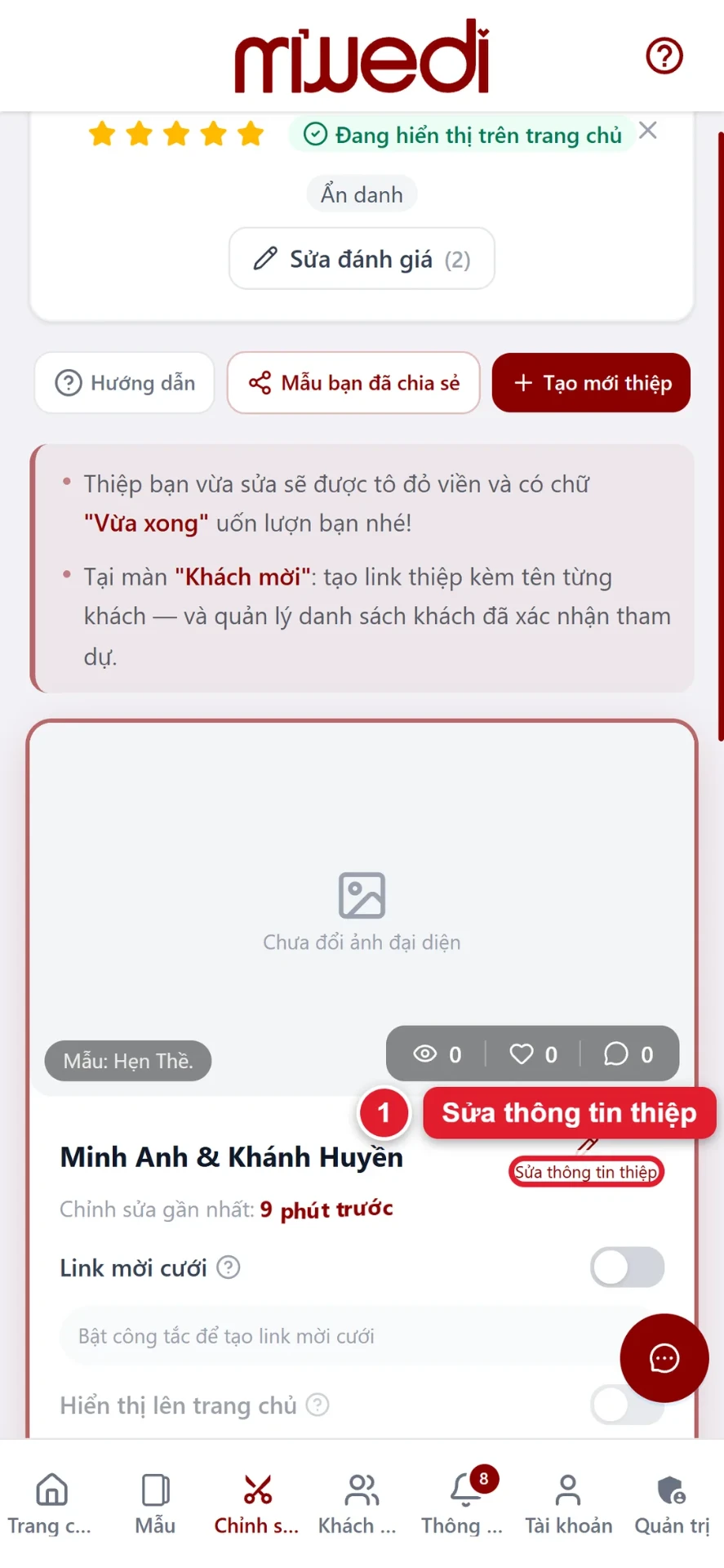 Bước 1: bấm Sửa thông tin thiệp trên thẻ thiệp cưới online
