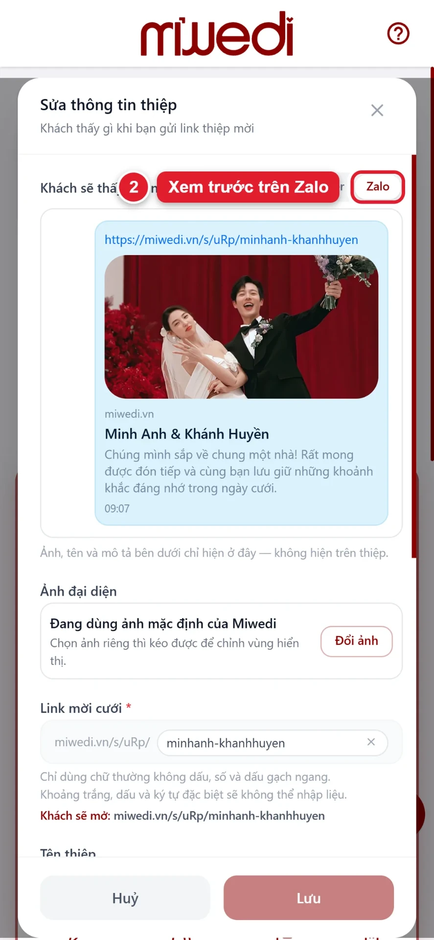 Bước 2: xem trước link thiệp cưới khi gửi qua Zalo