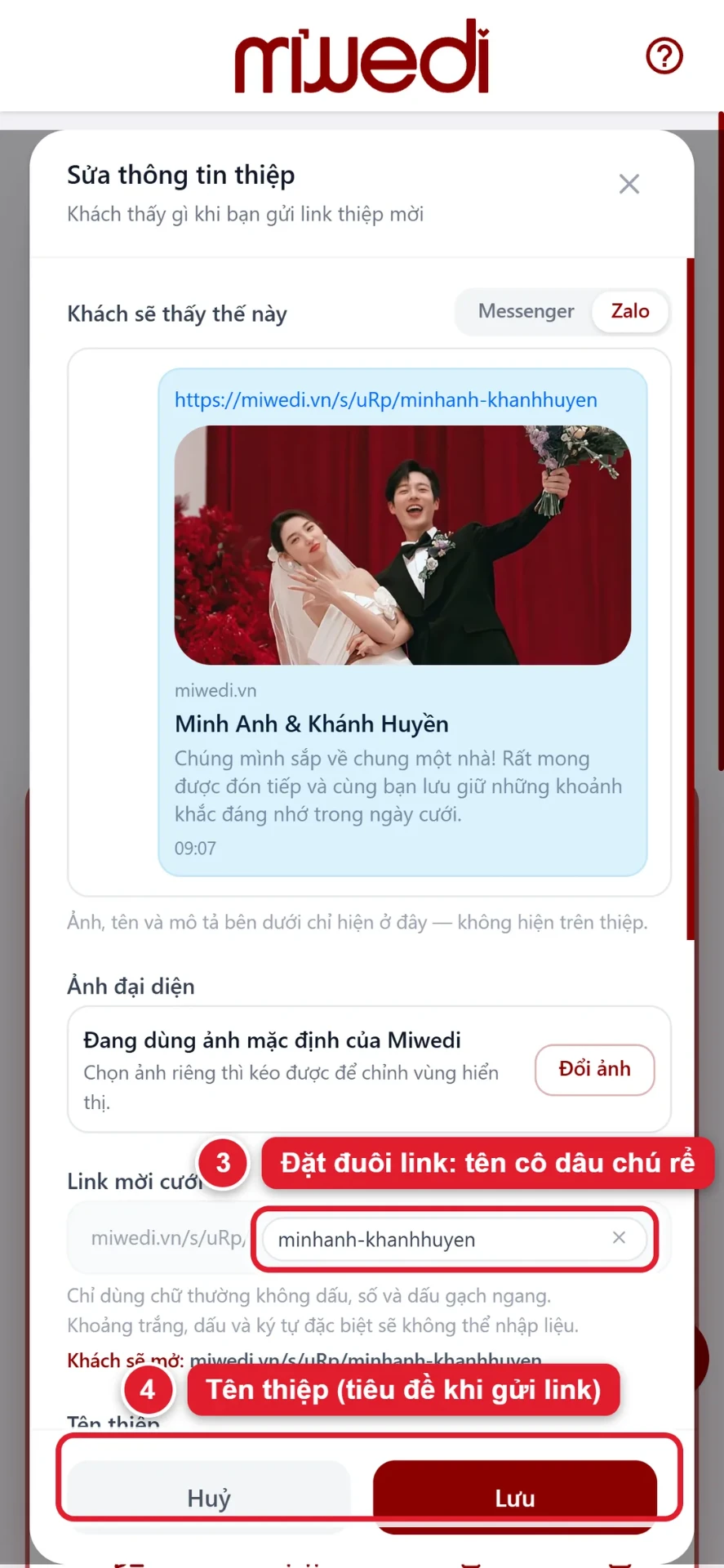Bước 3 và 4: đặt đuôi link mời cưới và tên thiệp hiện trong tin nhắn