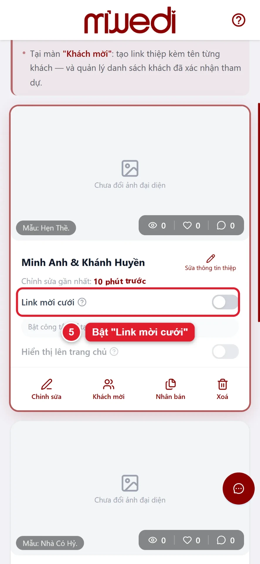Bước 5: bật công tắc Link mời cưới để xuất bản thiệp