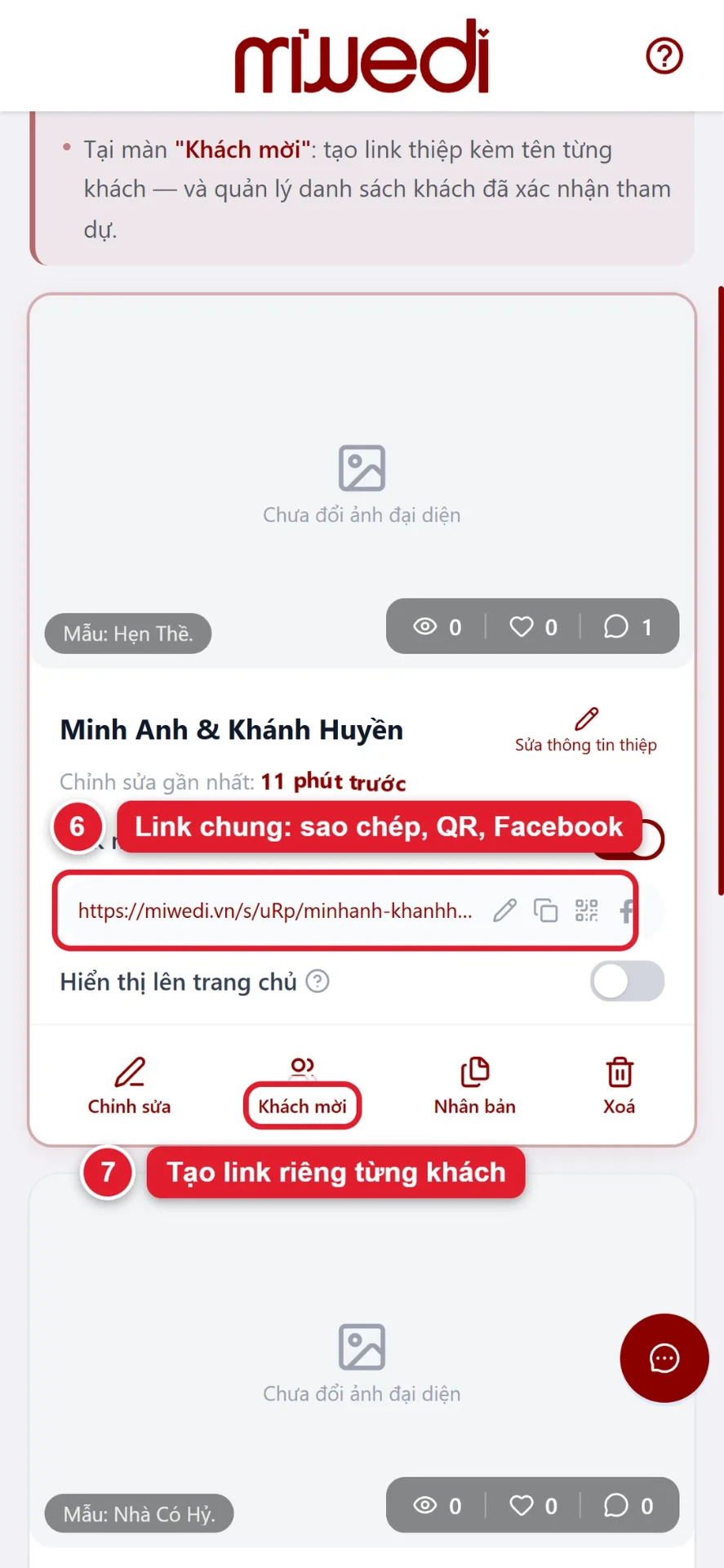 Bước 6 và 7: link chung của thiệp và nút Khách mời để tạo link riêng