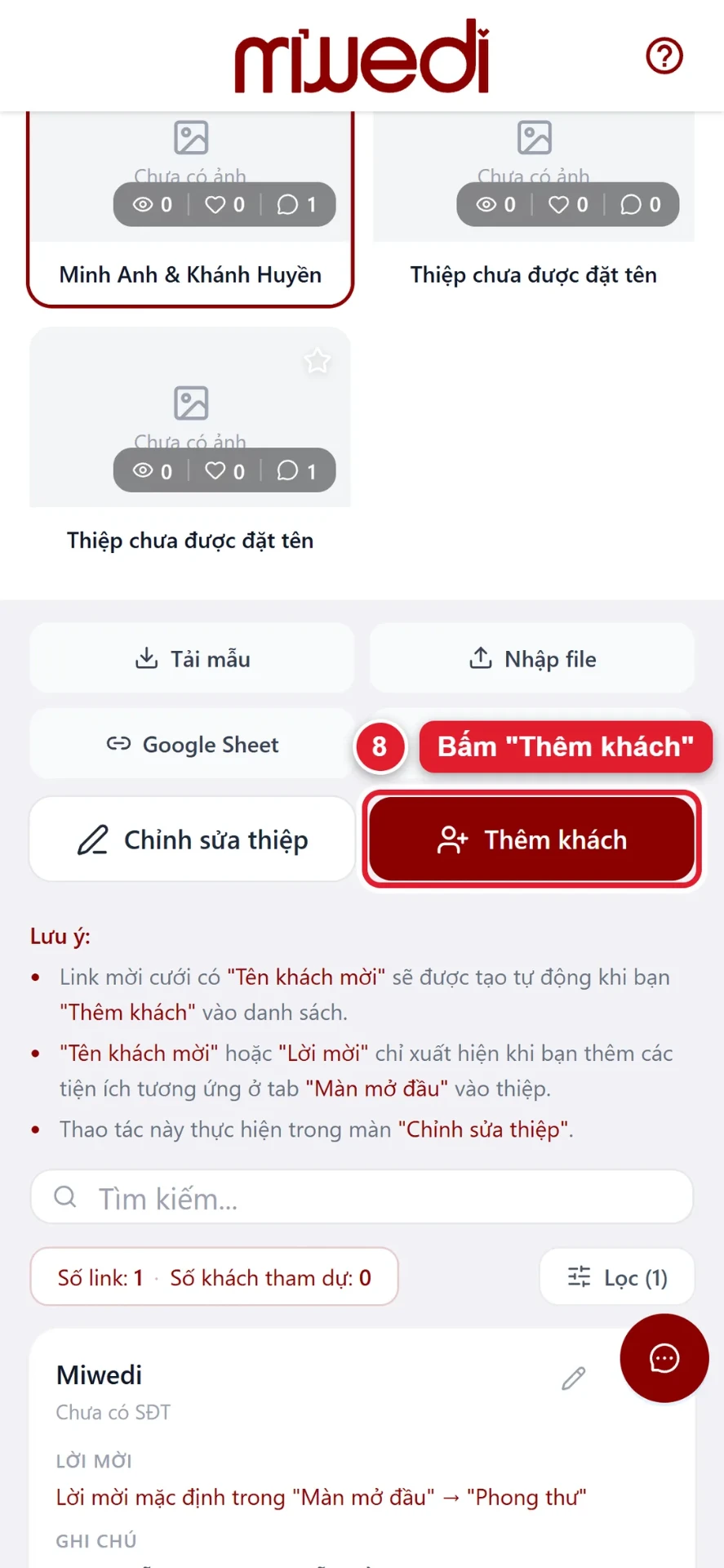 Bước 8: bấm Thêm khách trong màn Khách mời