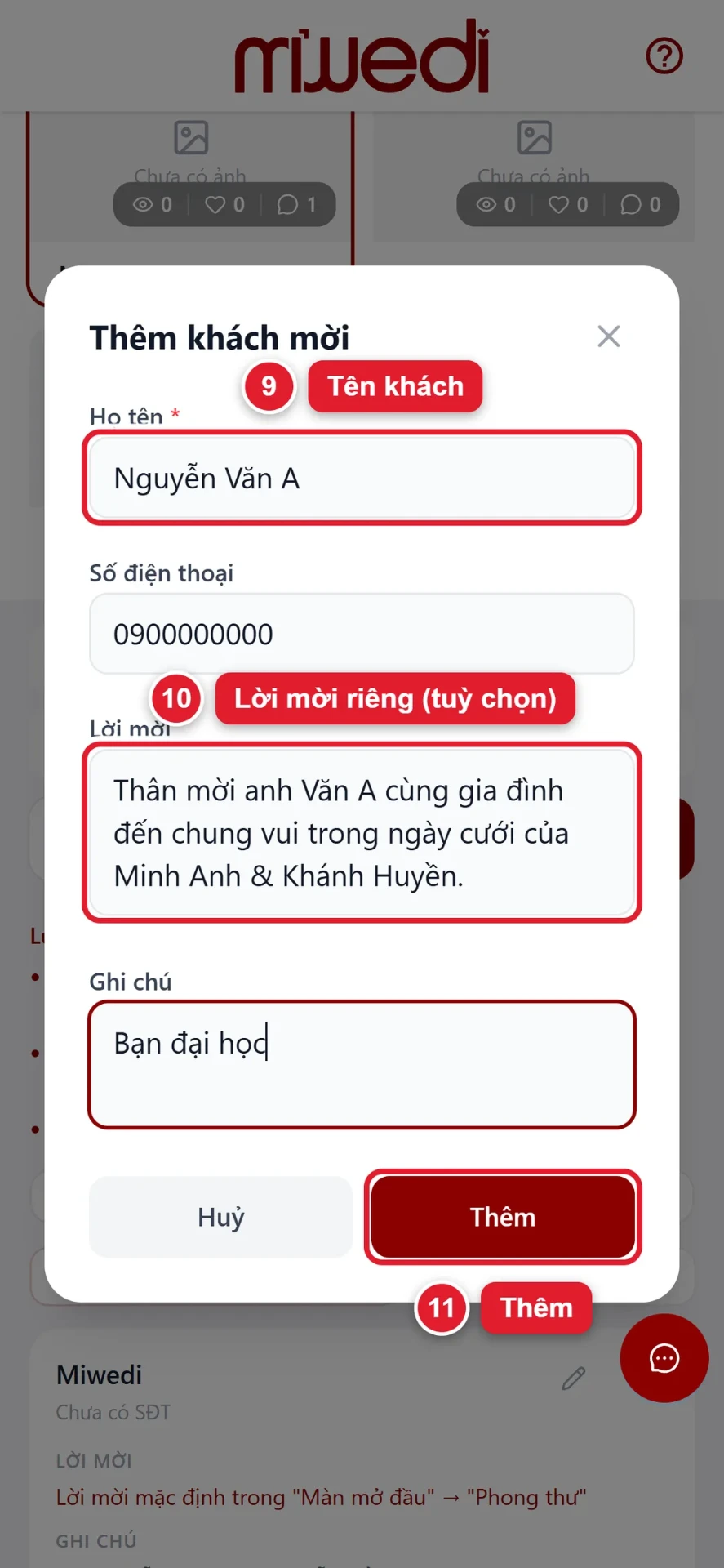 Bước 9 đến 11: điền tên khách và lời mời riêng rồi bấm Thêm