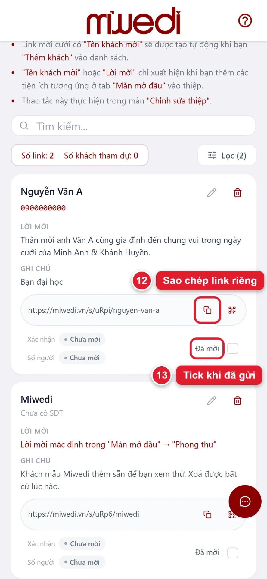 Bước 12 và 13: sao chép link riêng của khách để gửi qua Zalo và tích Đã mời