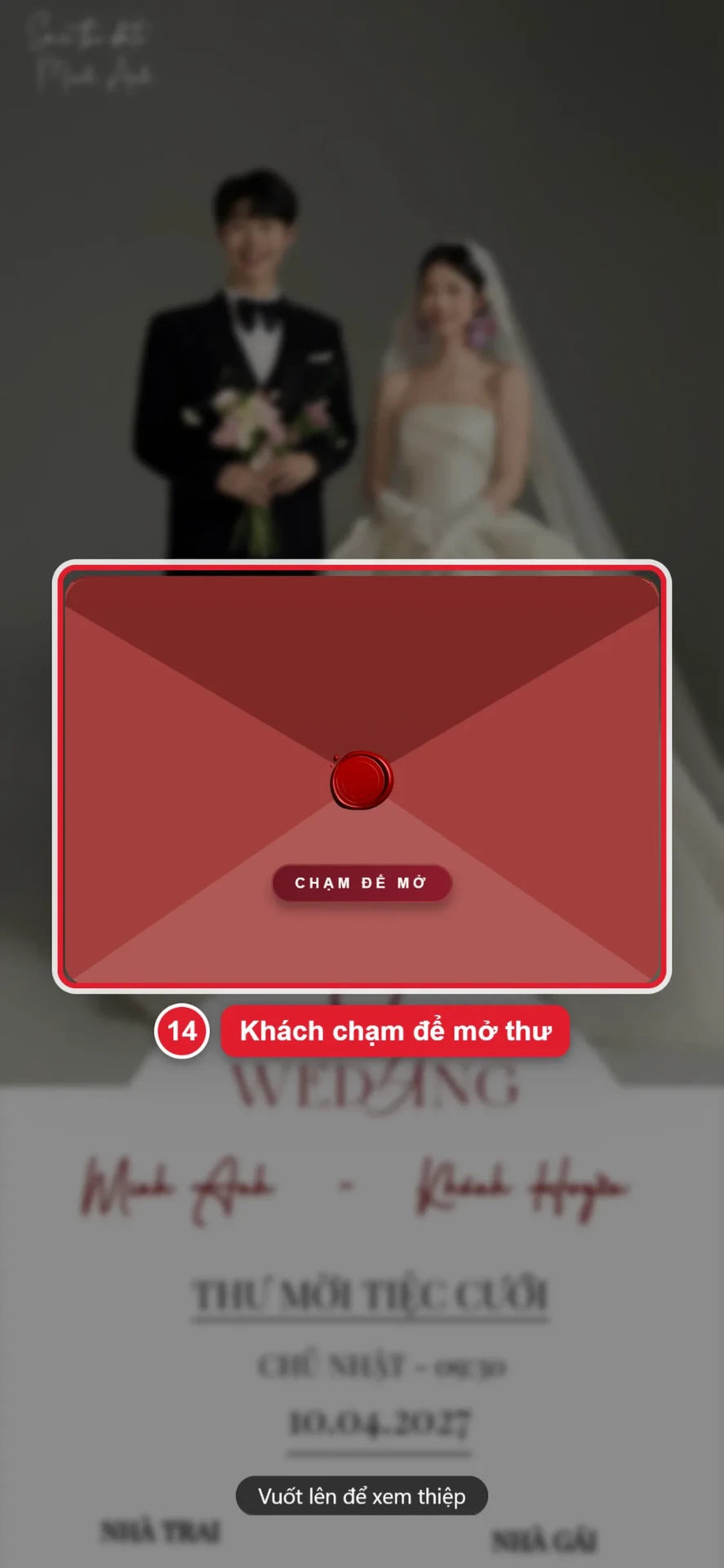 Bước 14: khách mời chạm để mở phong thư trên thiệp cưới online