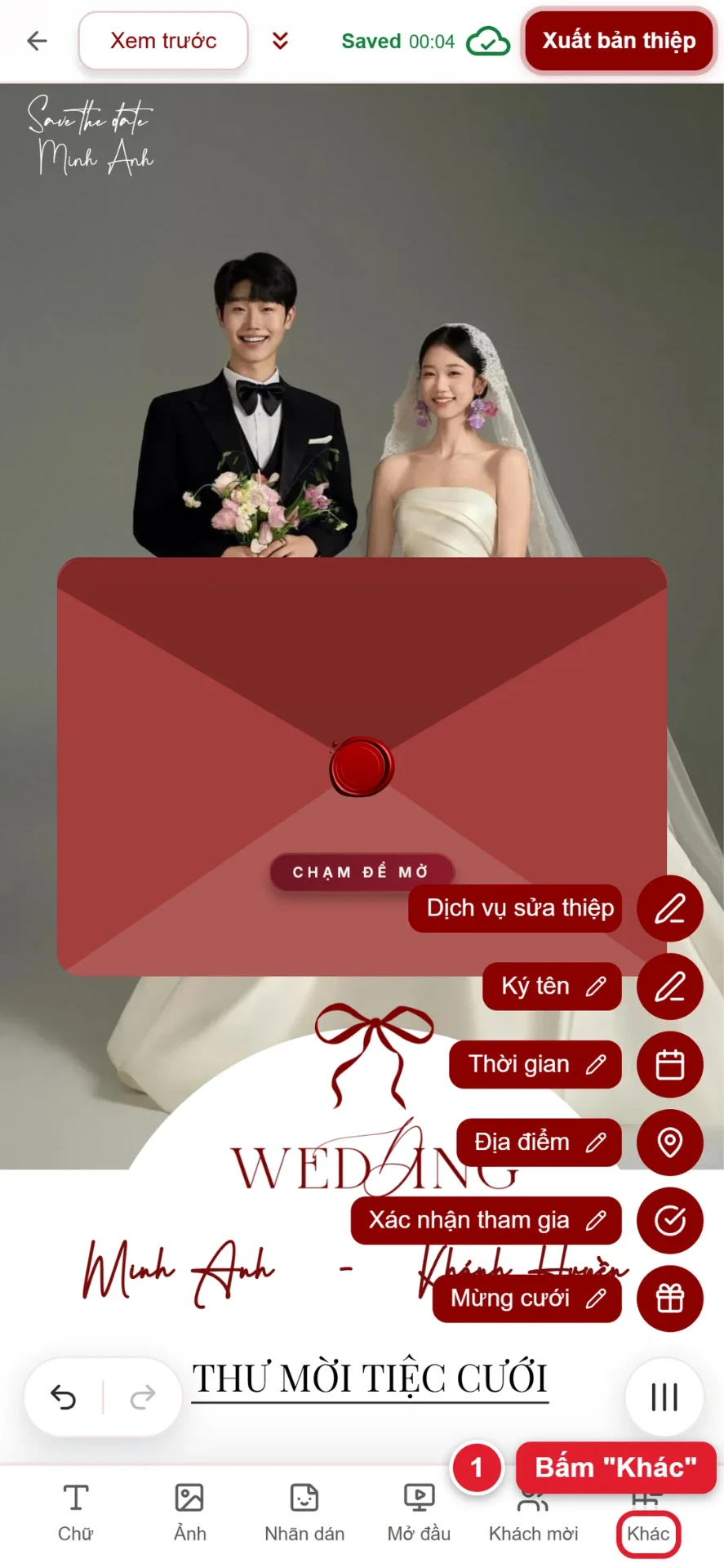 Bước 1: bấm Khác ở thanh công cụ trình chỉnh sửa thiệp cưới online