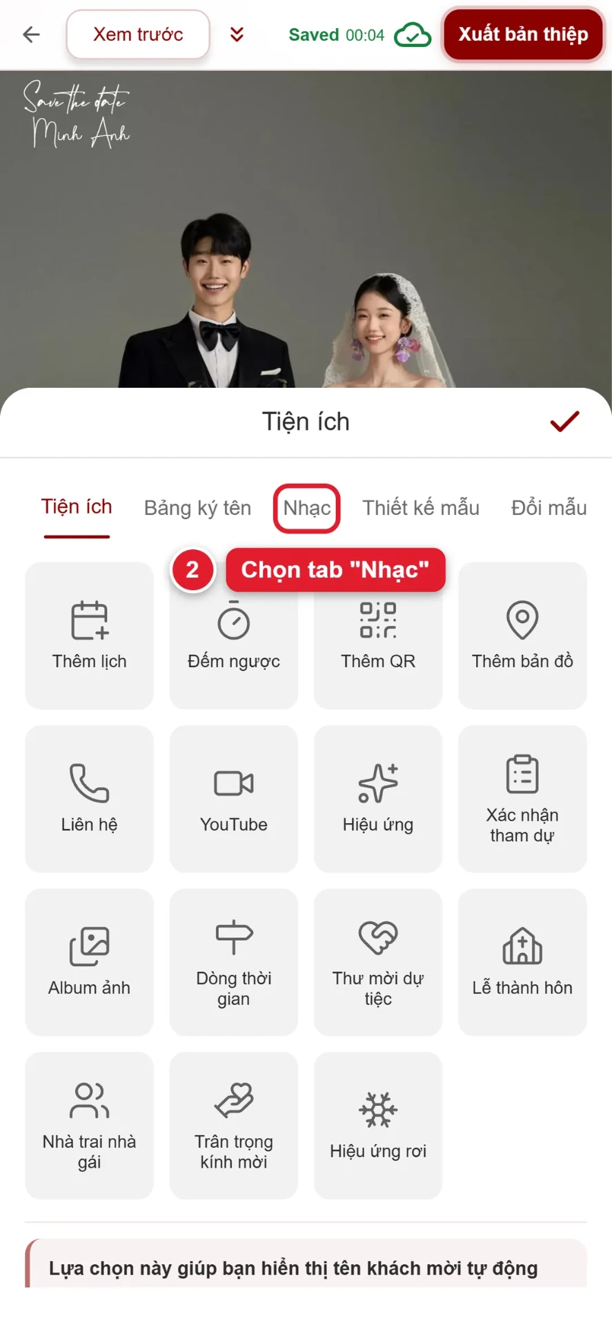 Bước 2: chọn tab Nhạc trong bảng Tiện ích