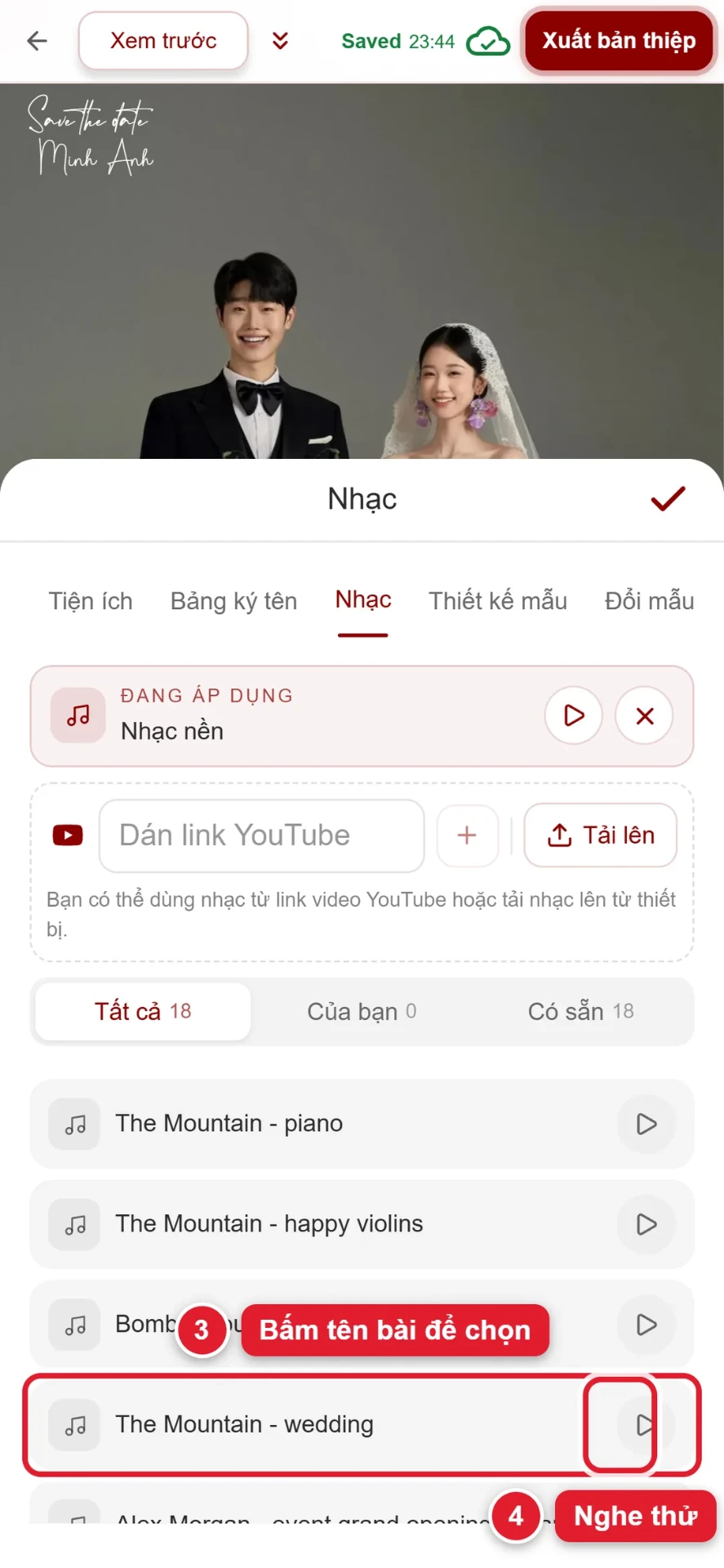 Bước 3 và 4: nghe thử và chọn bài trong kho nhạc cưới có sẵn