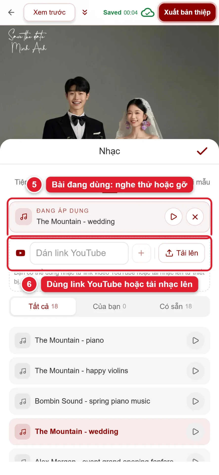 Bước 5 và 6: bài nhạc đang áp dụng, ô dán link YouTube và nút tải nhạc lên