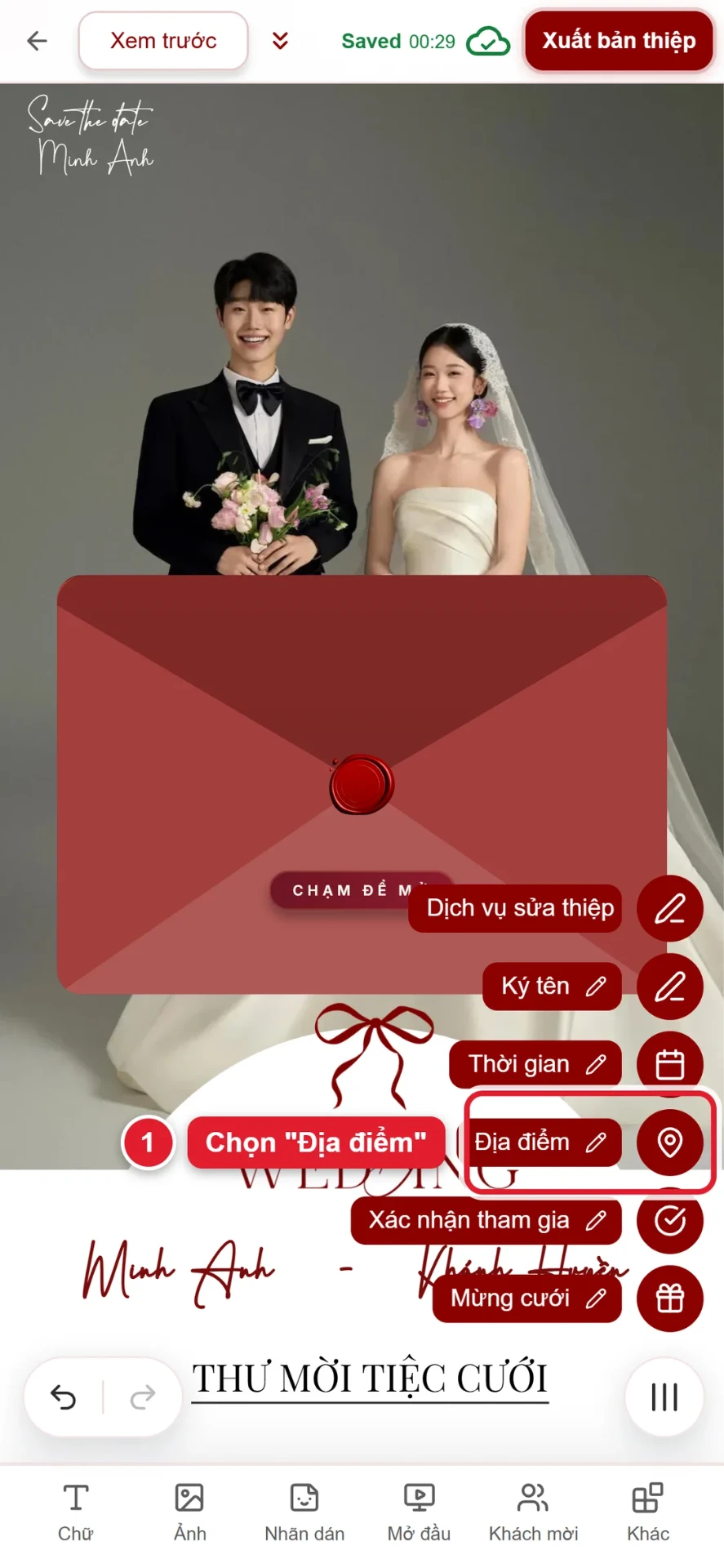 Bước 1: chọn Địa điểm trong menu thiệp cưới online