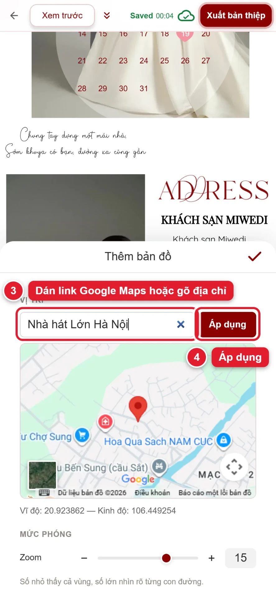 Bước 3 và 4: dán link Google Maps hoặc gõ địa chỉ nơi tổ chức tiệc cưới rồi bấm Áp dụng