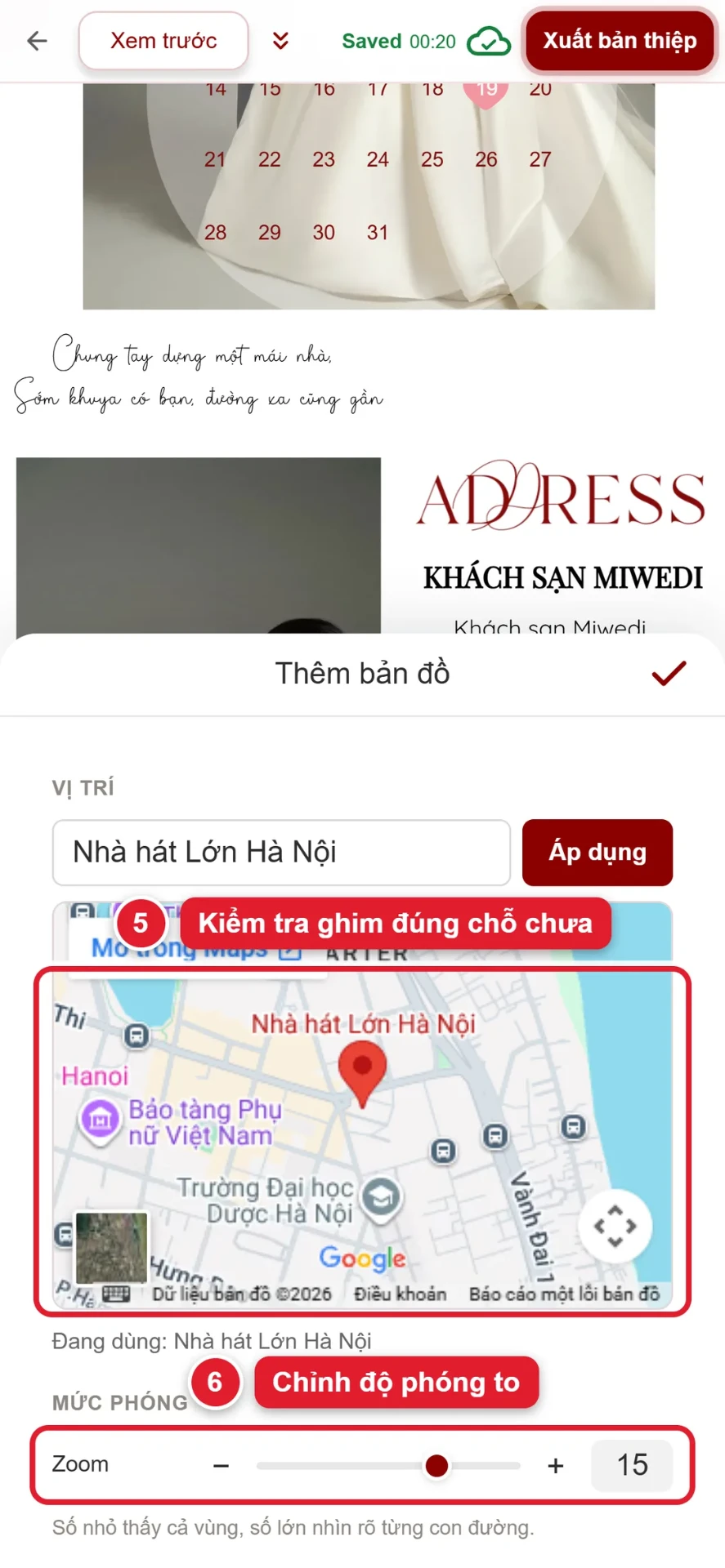 Bước 5 và 6: kiểm tra ghim trên bản đồ và chỉnh mức phóng to