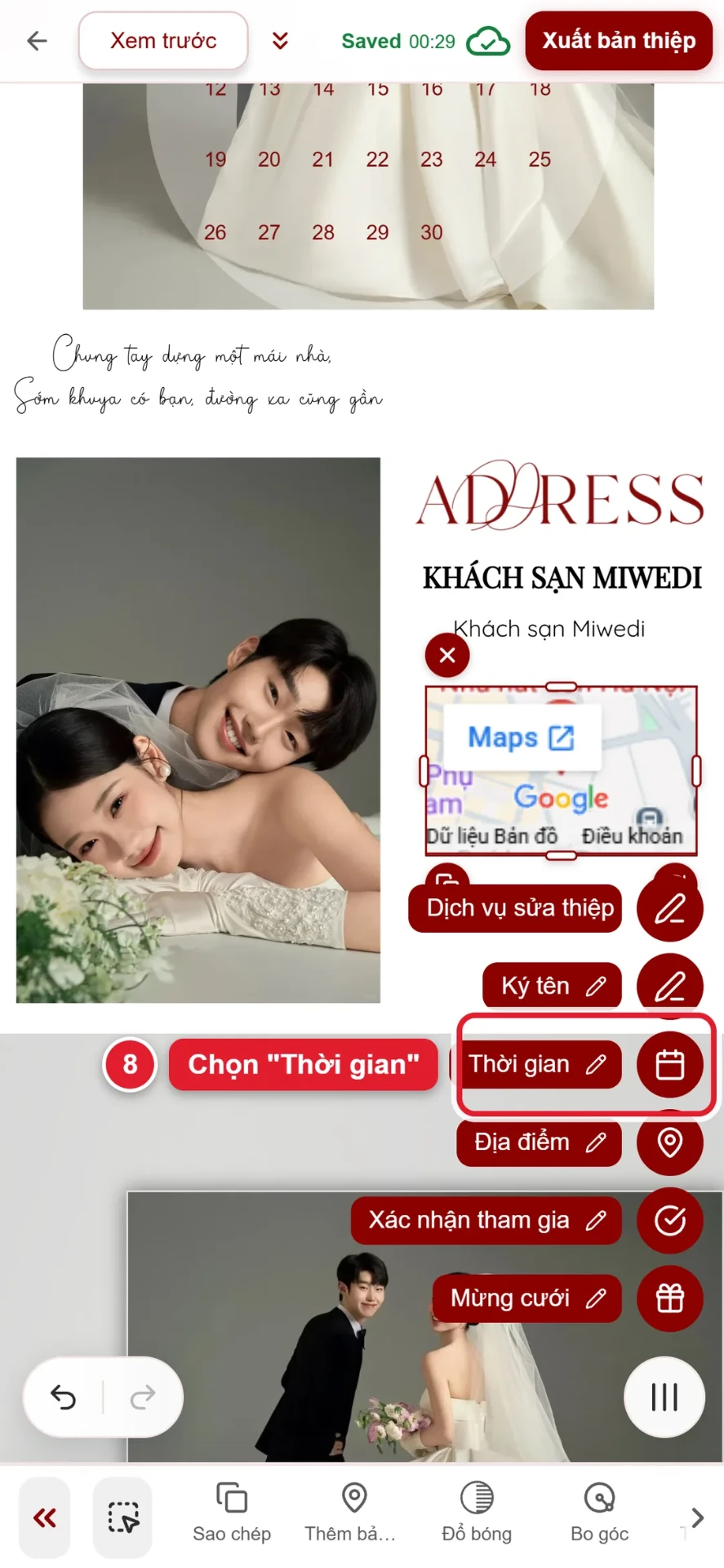 Bước 8: chọn Thời gian trong menu thiệp cưới online