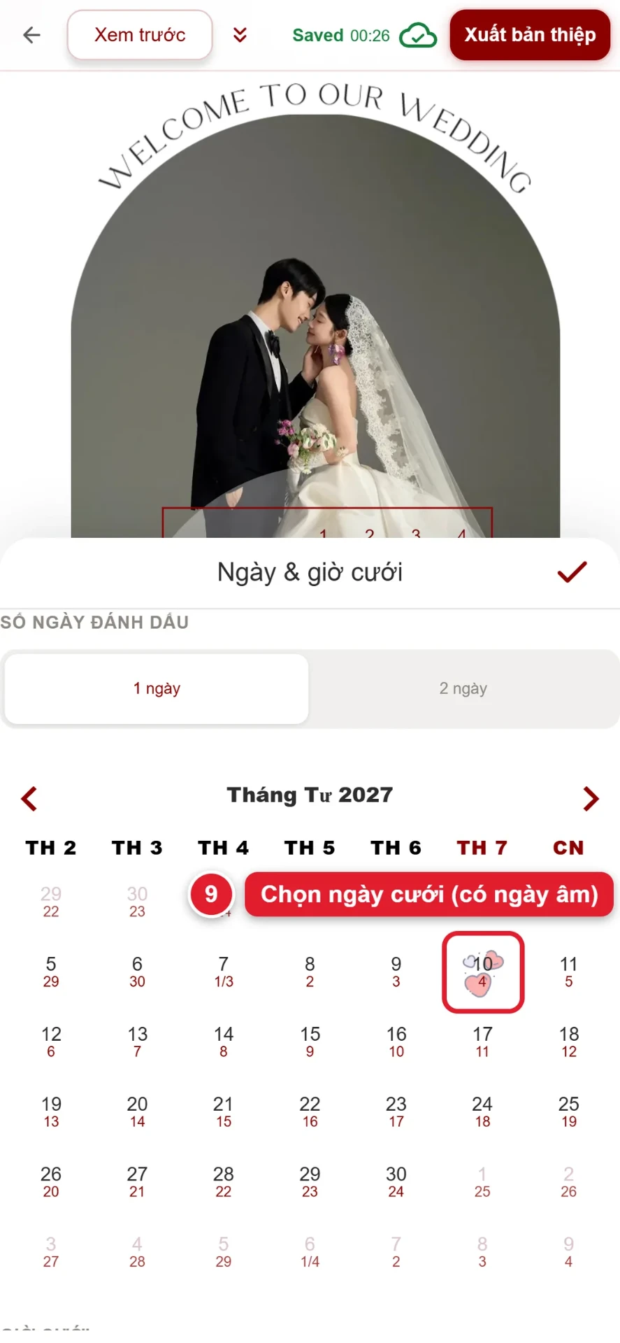 Bước 9: chọn ngày cưới trên lịch có kèm ngày âm