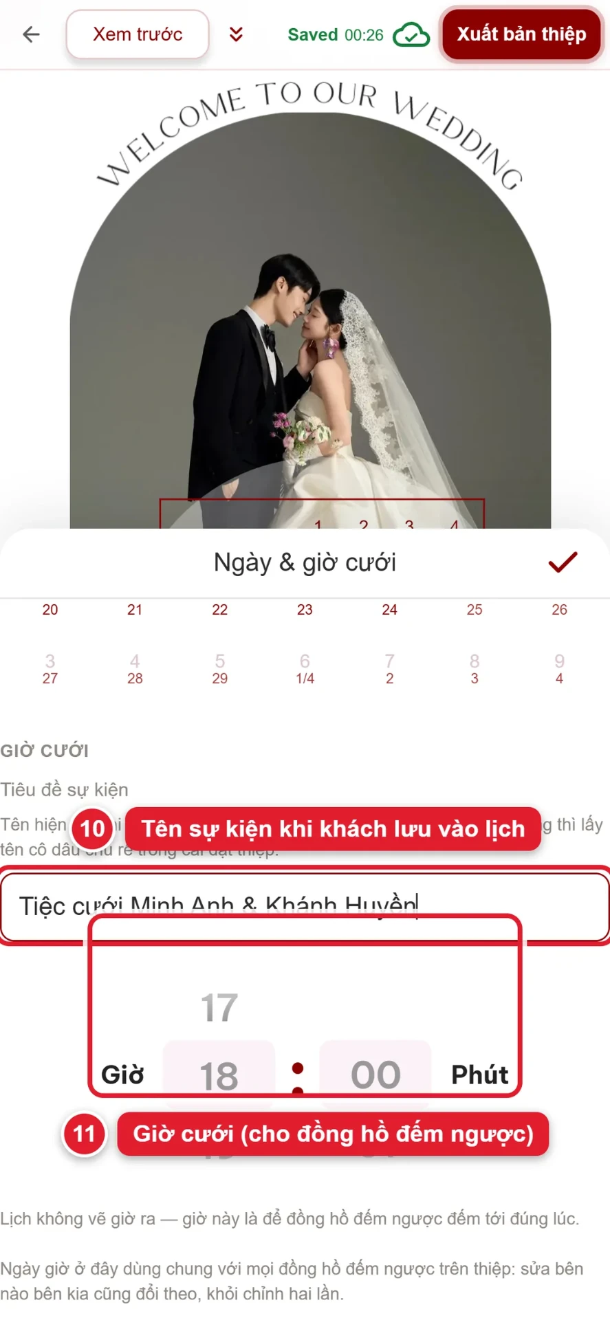 Bước 10 và 11: đặt tên sự kiện lưu vào lịch và giờ cưới cho đồng hồ đếm ngược
