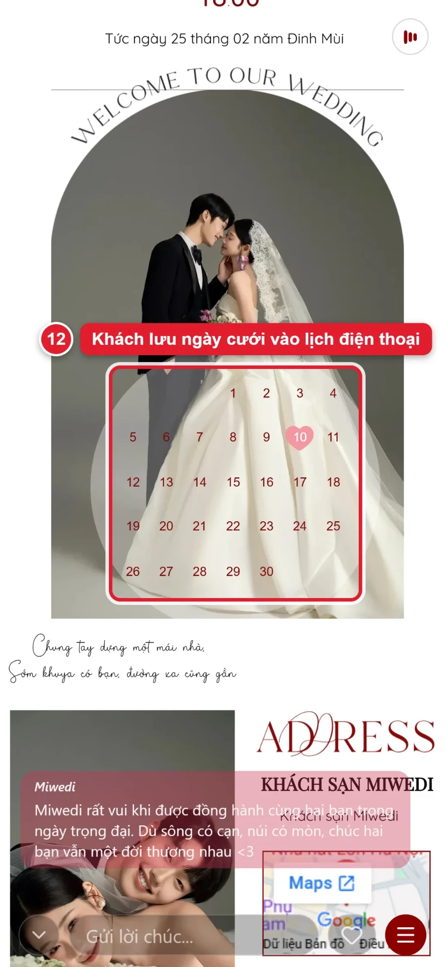 Bước 12: khách mời bấm vào lịch trên thiệp để lưu ngày cưới vào điện thoại