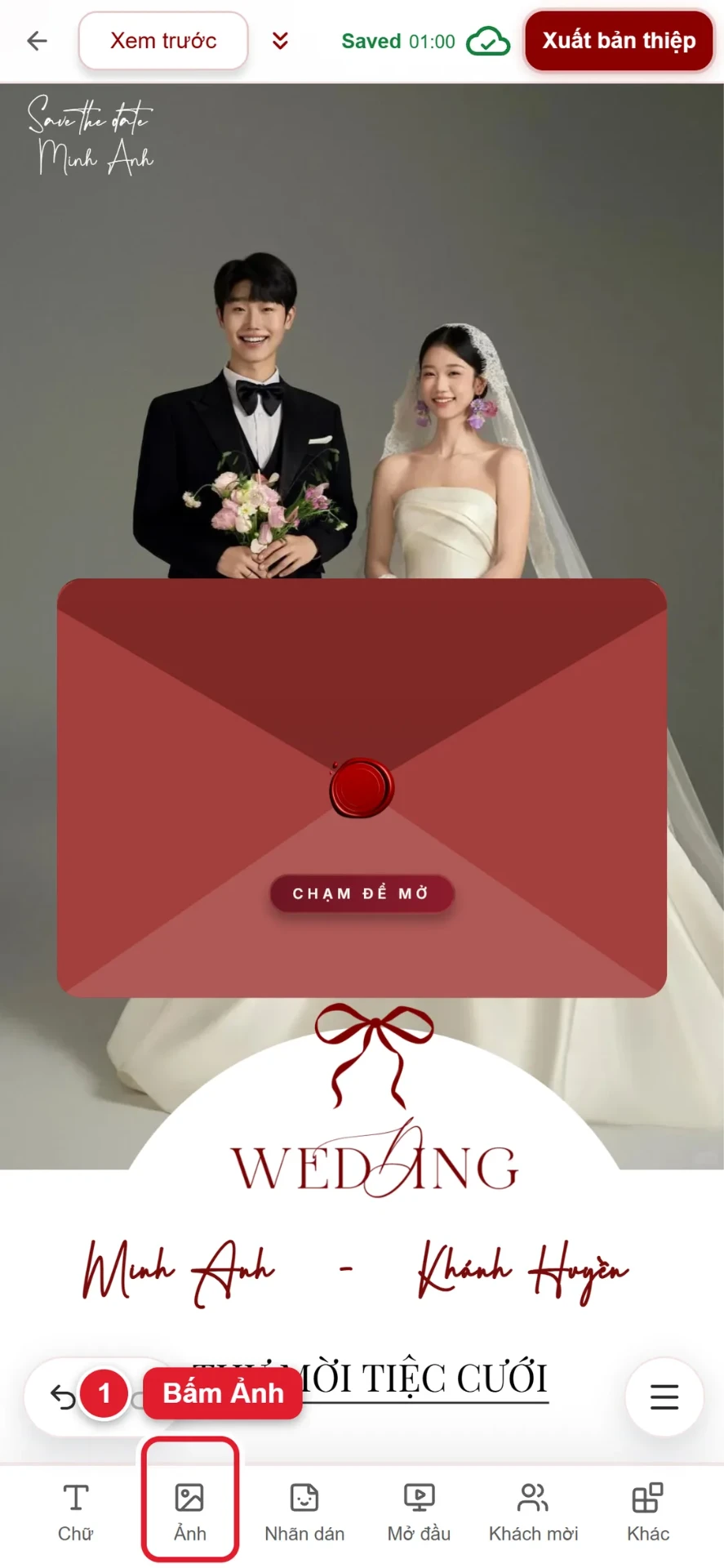 Bước 1: bấm Ảnh ở thanh công cụ trình chỉnh sửa thiệp cưới online