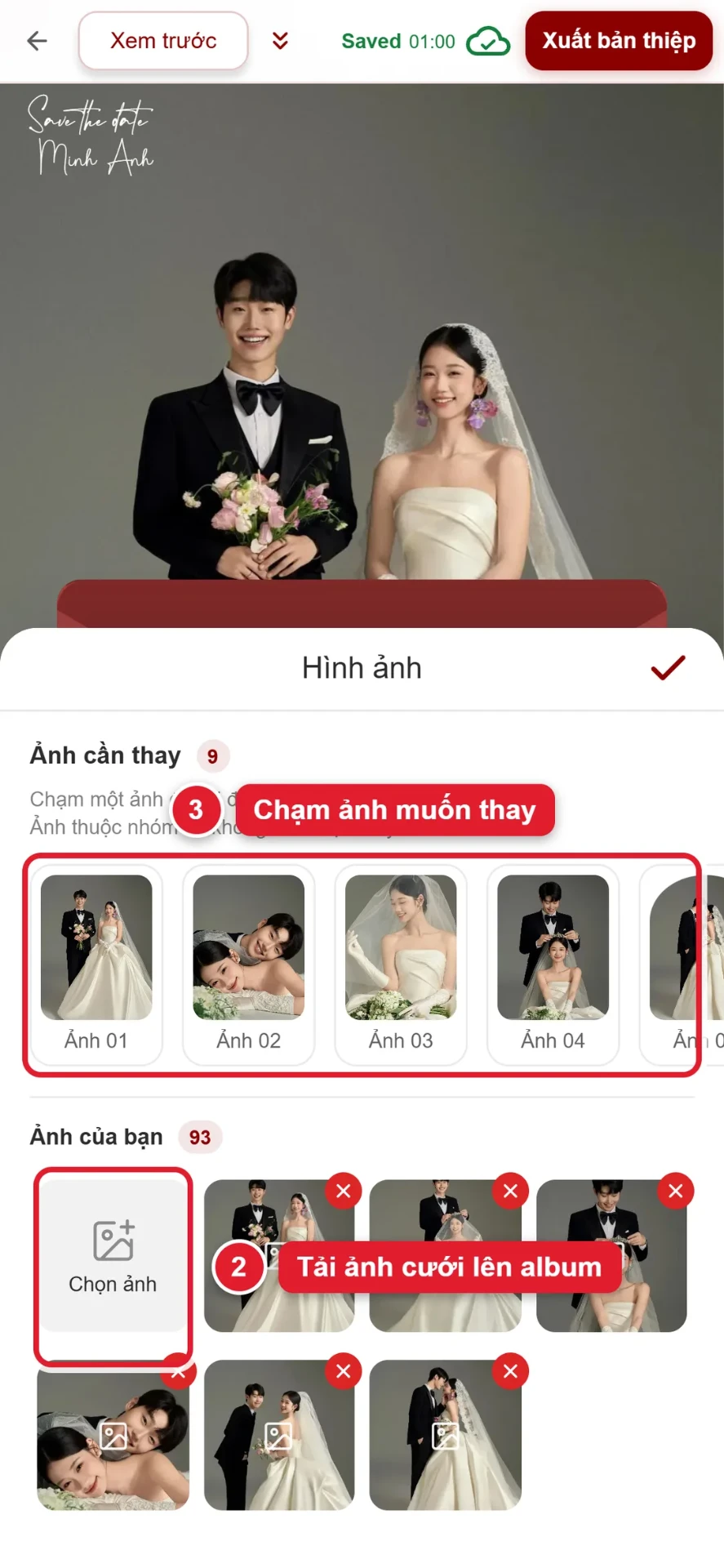 Bước 2 và 3: tải ảnh cưới lên album và chọn ảnh cần thay trên thiệp
