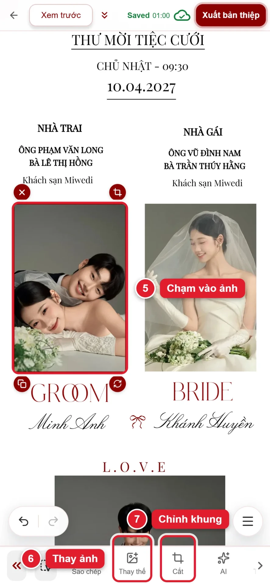 Bước 5 đến 7: chạm vào ảnh trên thiệp, bấm Thay thế hoặc Cắt để chỉnh khung ảnh