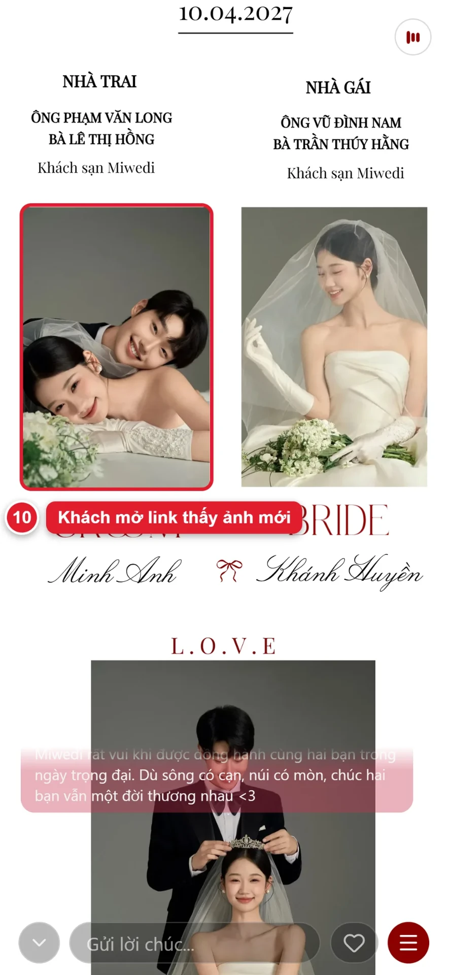 Bước 10: khách mời mở link thiệp cưới online và thấy ảnh cưới mới