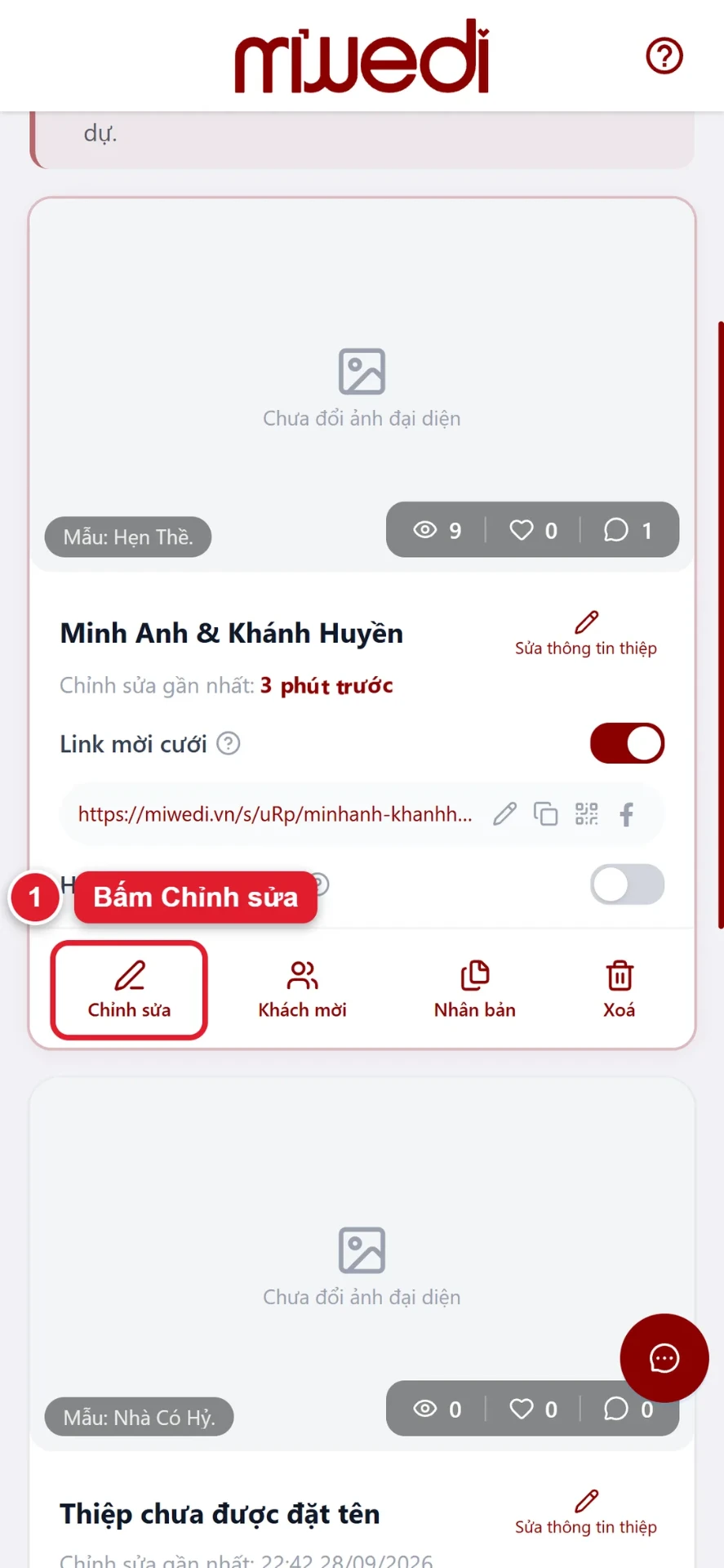 Bước 1: bấm Chỉnh sửa trên thẻ thiệp cưới online đã gửi