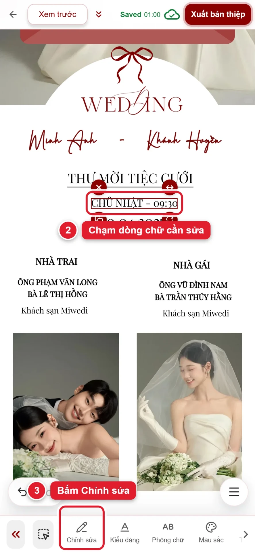 Bước 2 và 3: chạm vào dòng chữ cần sửa trên thiệp rồi bấm Chỉnh sửa