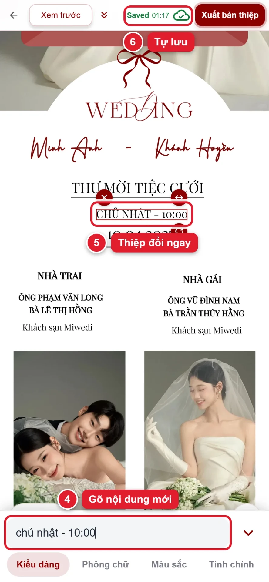 Bước 4 đến 6: gõ nội dung mới, thiệp cưới online đổi ngay và tự lưu