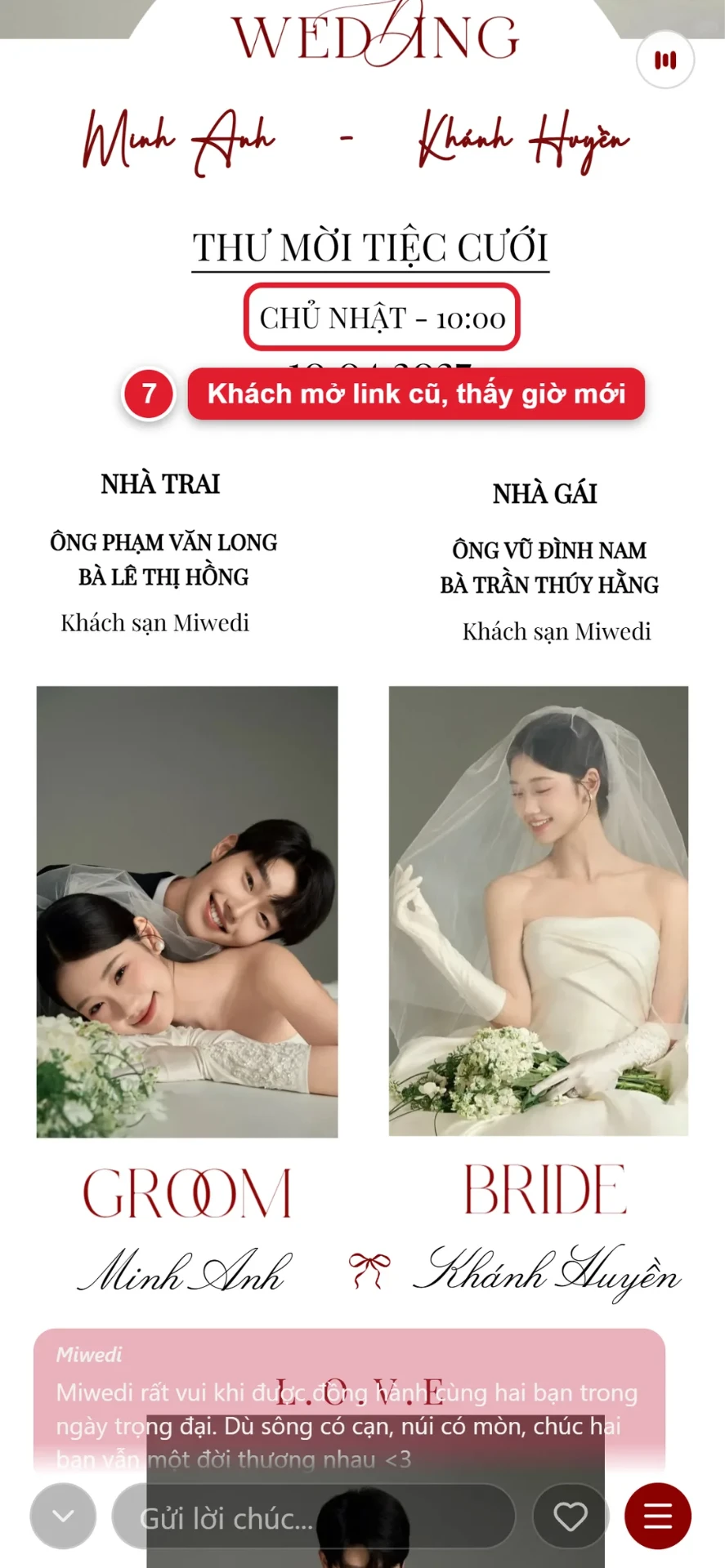 Bước 7: khách mở lại link thiệp cưới online đã gửi và thấy giờ mới