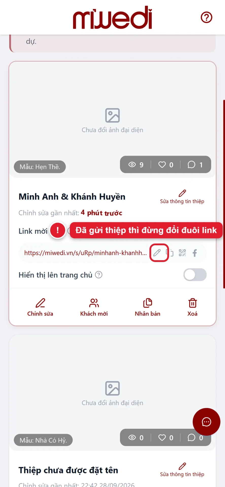 Lưu ý: không đổi đuôi link thiệp cưới online sau khi đã gửi cho khách