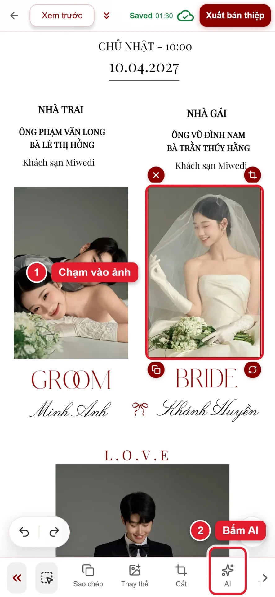 Bước 1 và 2: chạm vào ảnh cưới trên thiệp rồi bấm AI