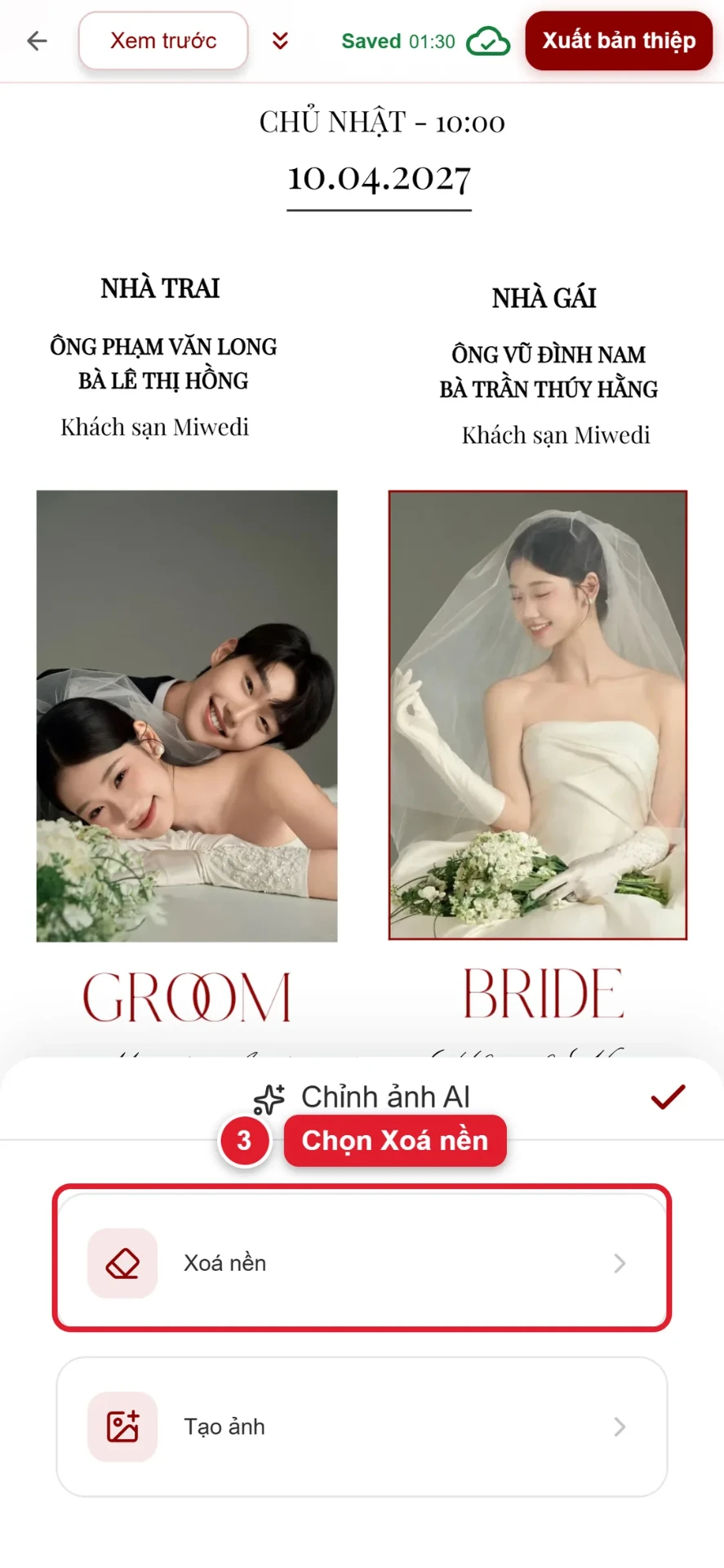 Bước 3: chọn Xoá nền trong bảng Chỉnh ảnh AI của thiệp cưới online