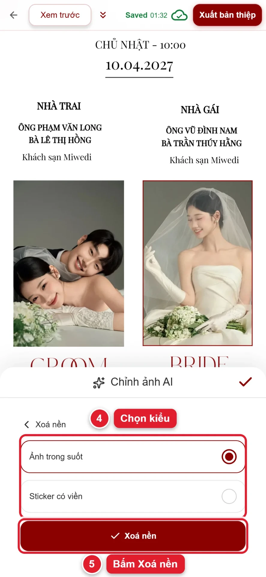 Bước 4 và 5: chọn Ảnh trong suốt hoặc Sticker có viền rồi bấm Xoá nền
