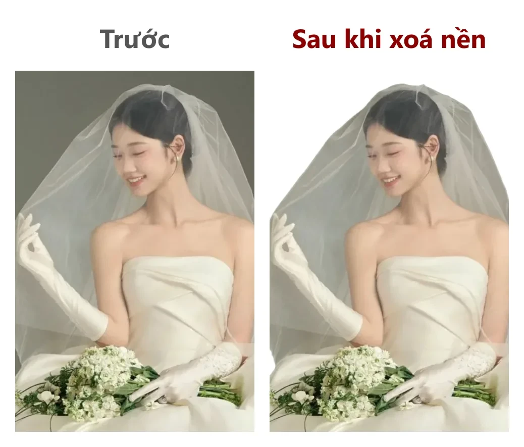 Ảnh cưới trước và sau khi xoá nền bằng AI trên thiệp cưới online Miwedi