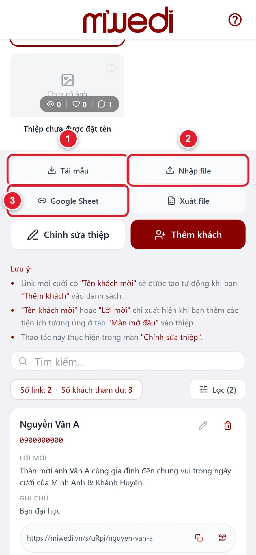 Bước 1: màn Khách mời của thiệp cưới online với nút Tải mẫu, Nhập file và Google Sheet