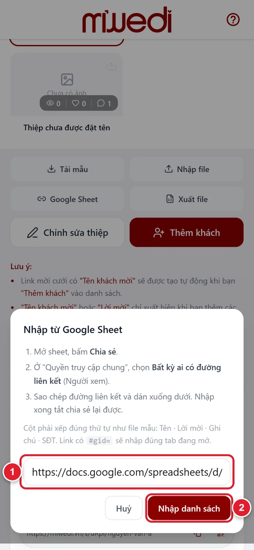 Bước 3: dán link Google Sheet để nhập danh sách khách mời vào thiệp cưới online