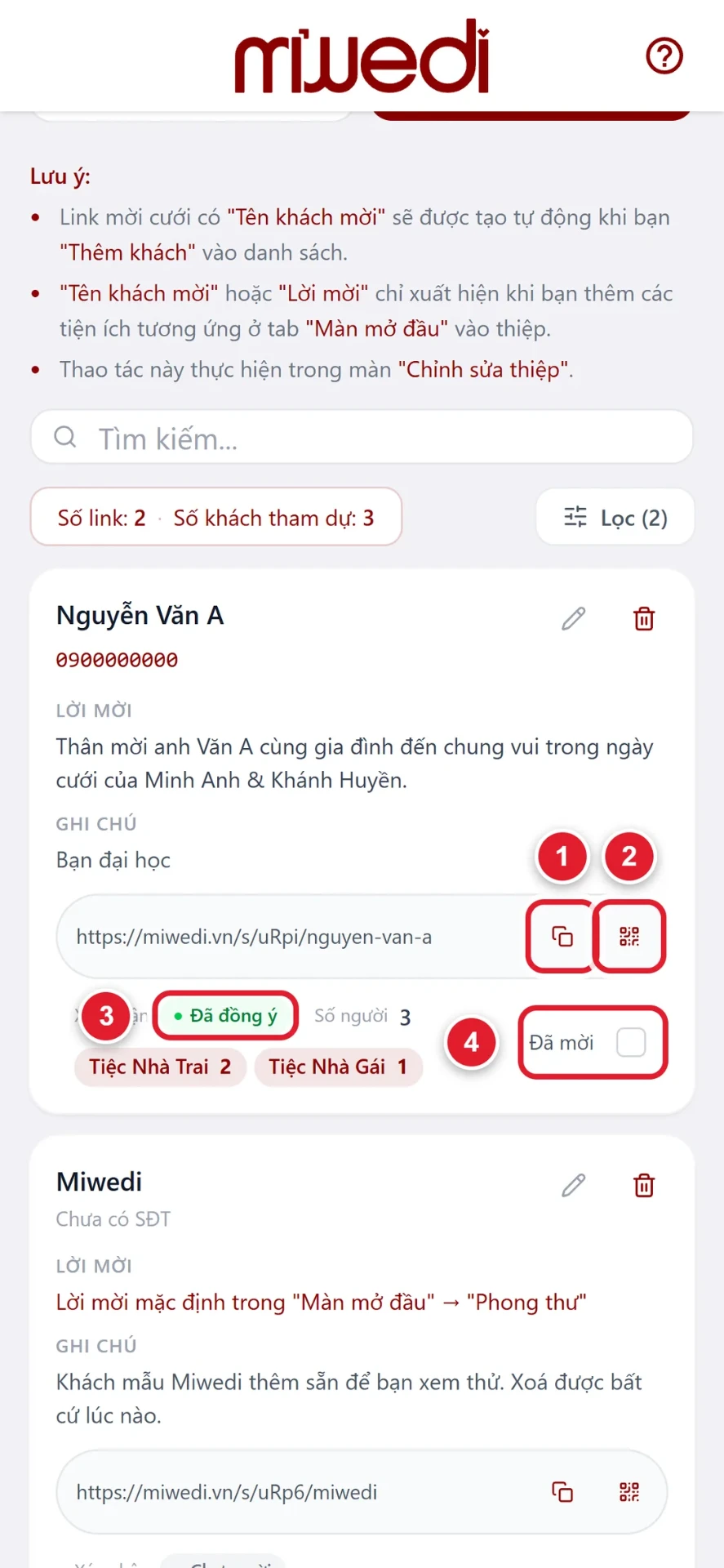 Bước 4: link riêng, mã QR và trạng thái xác nhận tham dự của từng khách mời