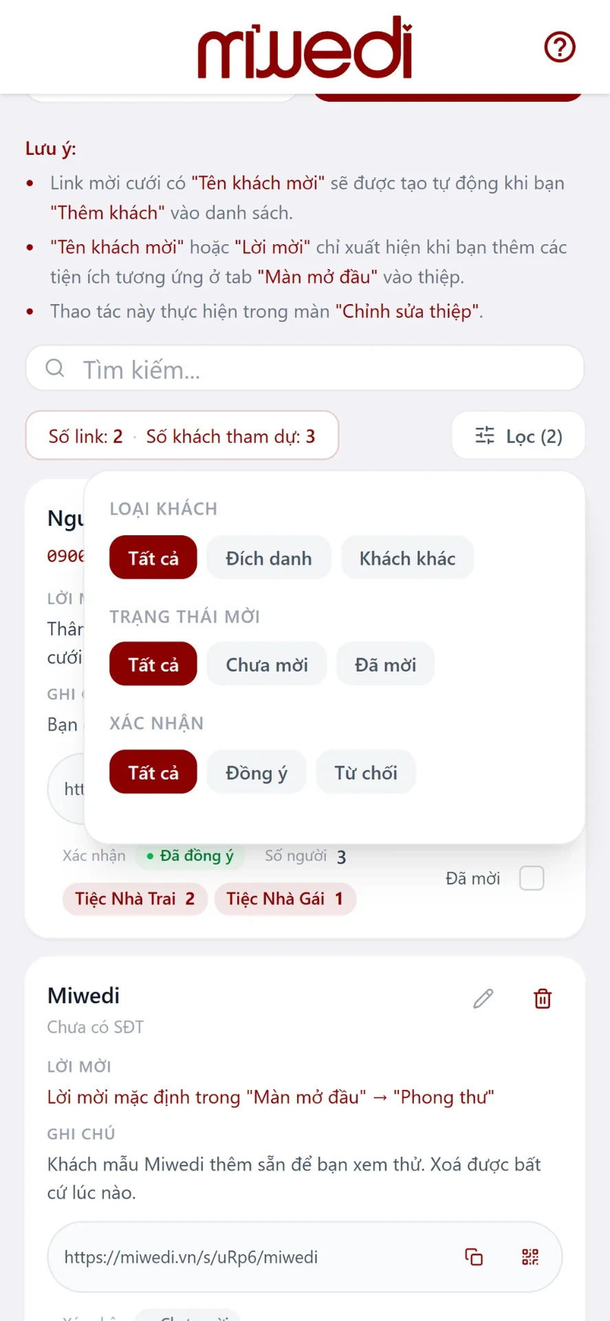 Bước 5: lọc danh sách khách mời theo trạng thái đã mời và xác nhận tham dự