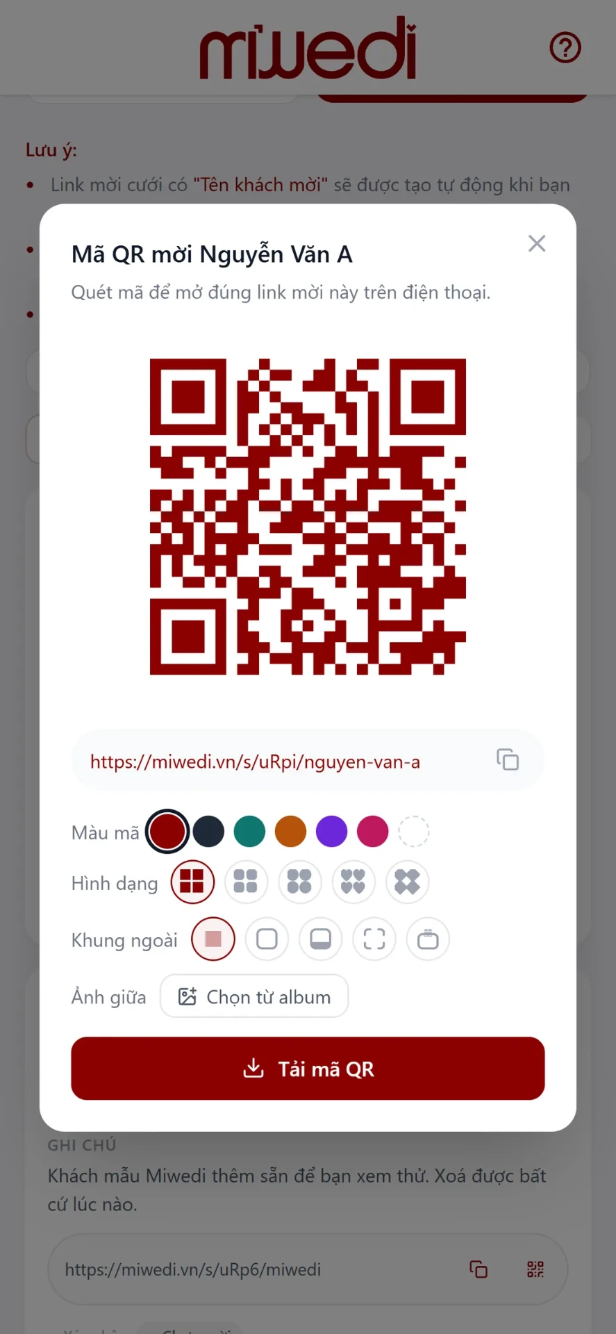 Bước 6: mã QR riêng cho từng khách mời, tải về để in kèm thiệp giấy