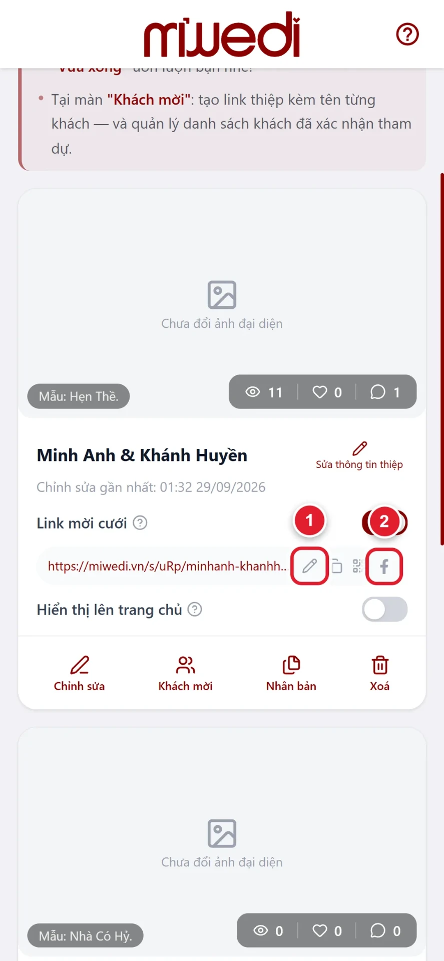 Nút Sửa link và Bài đăng Facebook mẫu trên thẻ thiệp cưới online
