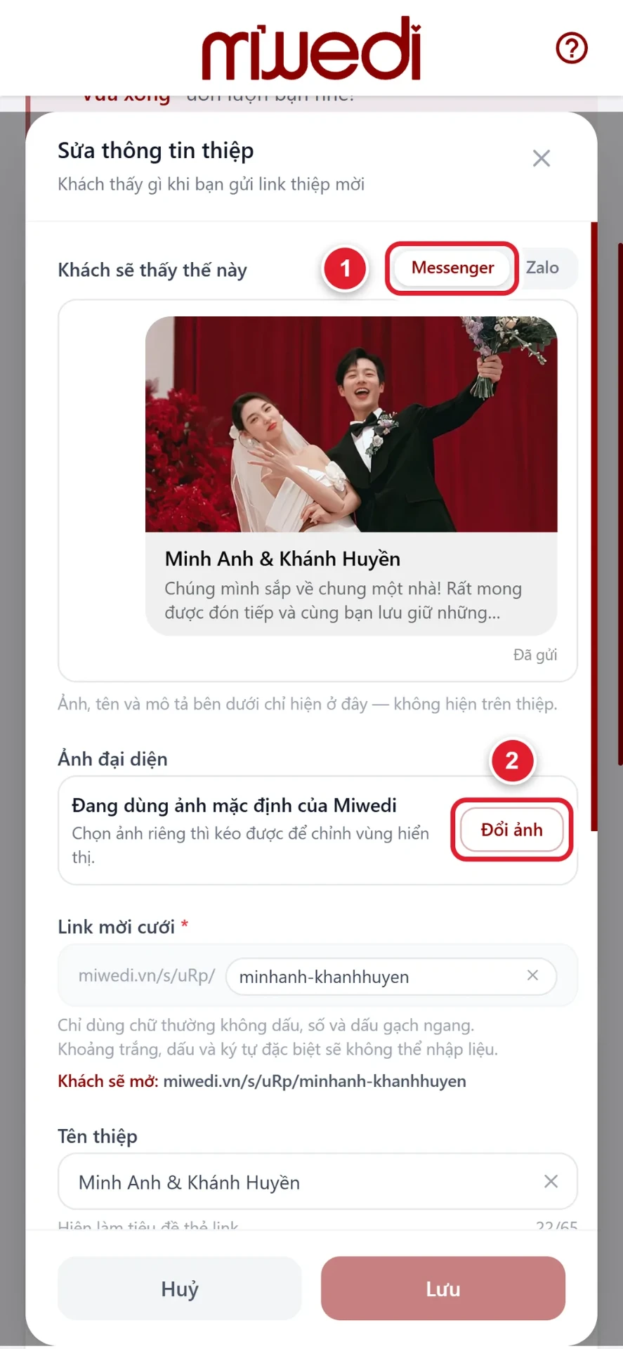 Bước 1: xem trước link thiệp cưới online khi đăng lên Facebook, Messenger